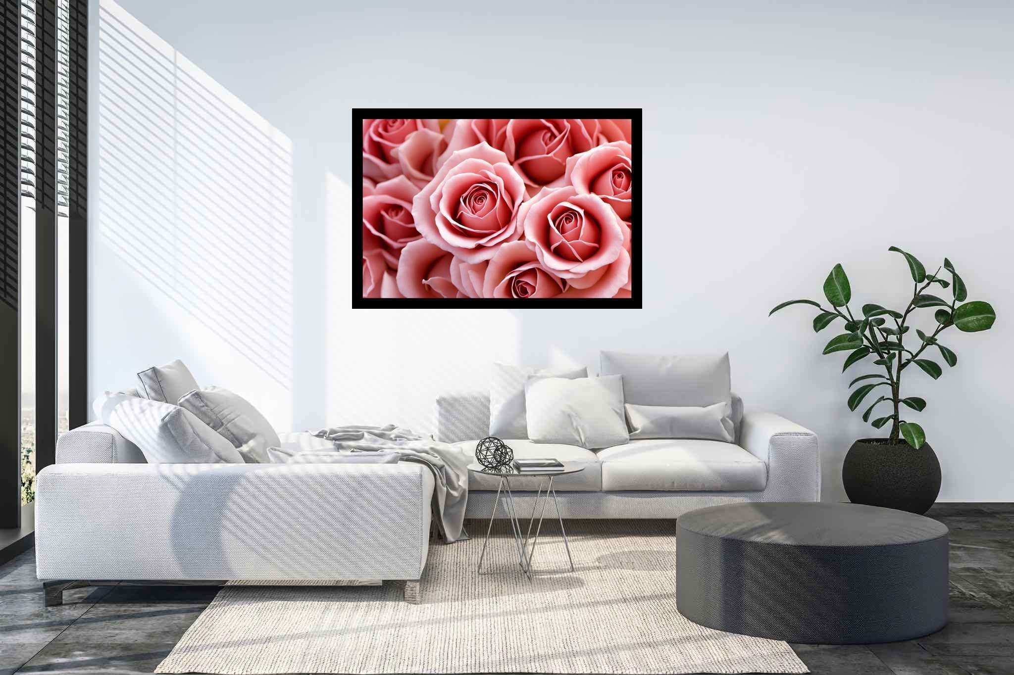 Petal ballet in blush: Pink rose art with watercolor paintings, in a room with great design, photographic wall art, and elegant home goods. The art can be printed on poster, framed poster, canvas, metal, acrylic or wood, exclusively at WallArtZen. Find this exact print at https://wallartzen.com/waz232