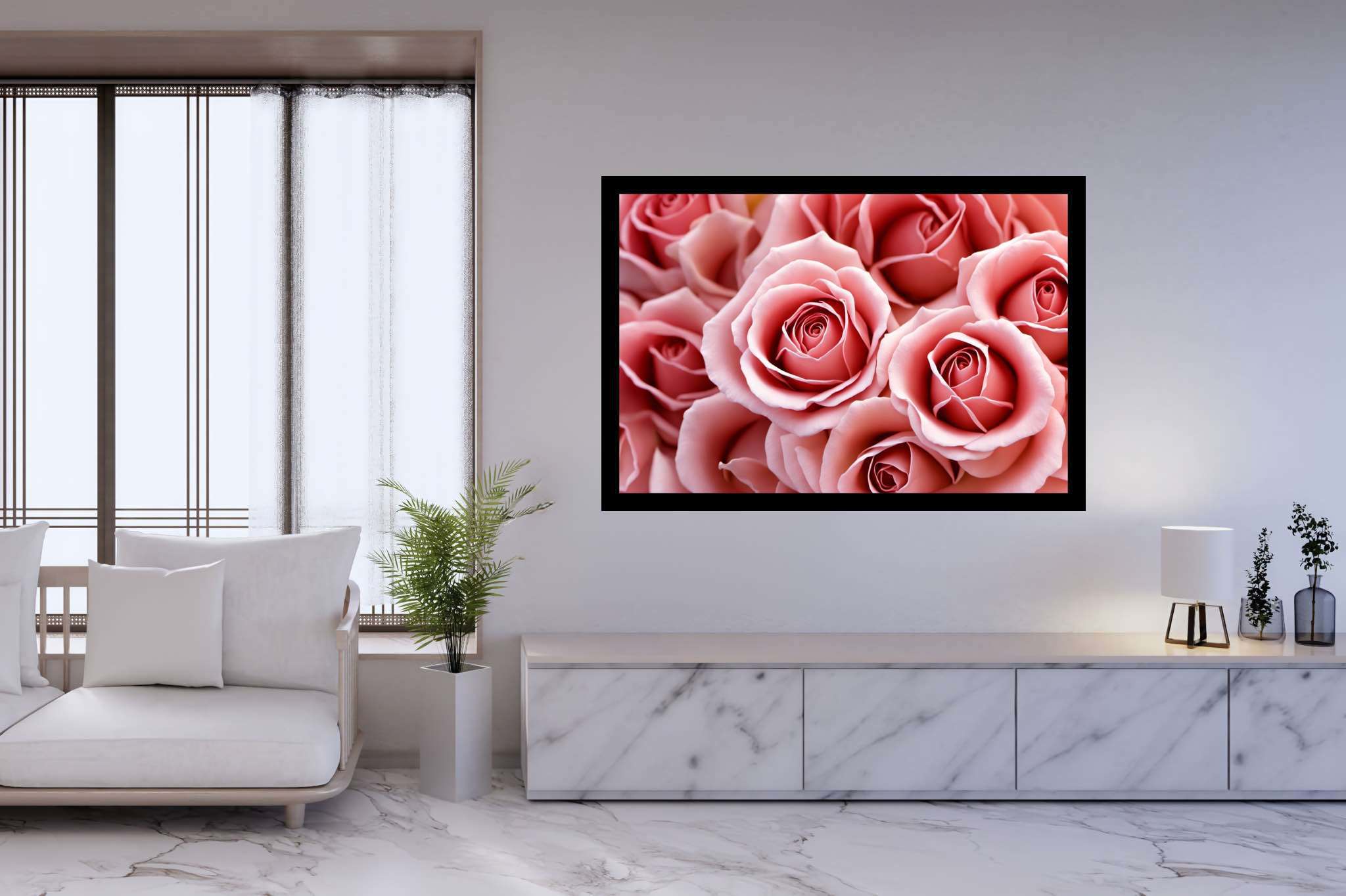 Petal ballet in blush: Pink rose art with watercolor paintings, in a room with minimalist approach, wall hangings, and artisan decor. The art can be printed on poster, framed poster, canvas, metal, acrylic or wood, exclusively at WallArtZen. Find this exact print at https://wallartzen.com/waz232