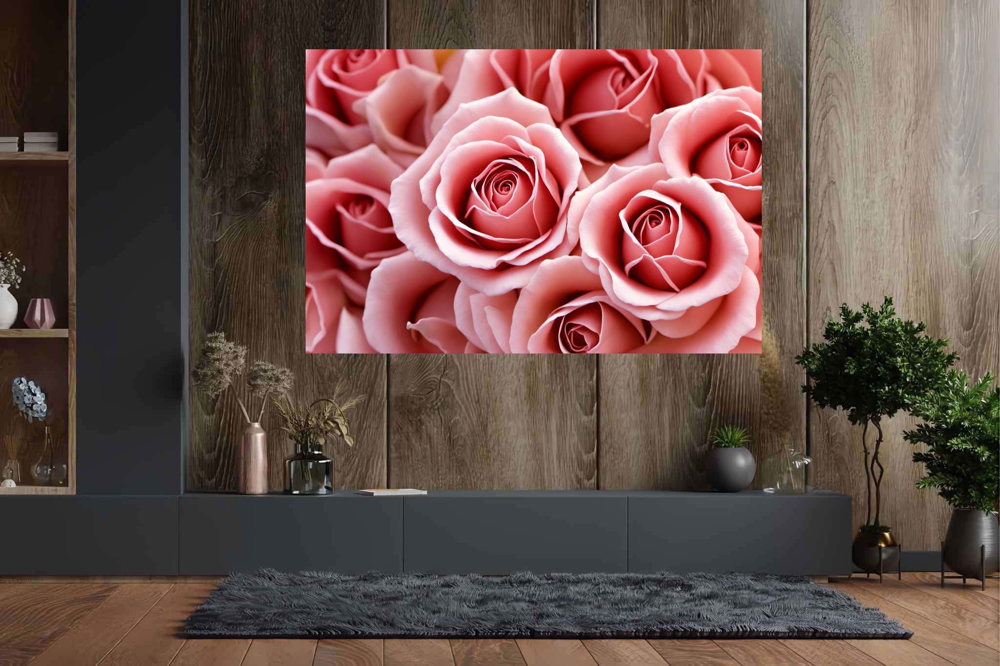 Petal ballet in blush: Pink rose art with botanical illustrations, in a room with modern style, wall hangings, and luxe decor. The art can be printed on poster, framed poster, canvas, metal, acrylic or wood, exclusively at WallArtZen. Find this exact print at https://wallartzen.com/waz232