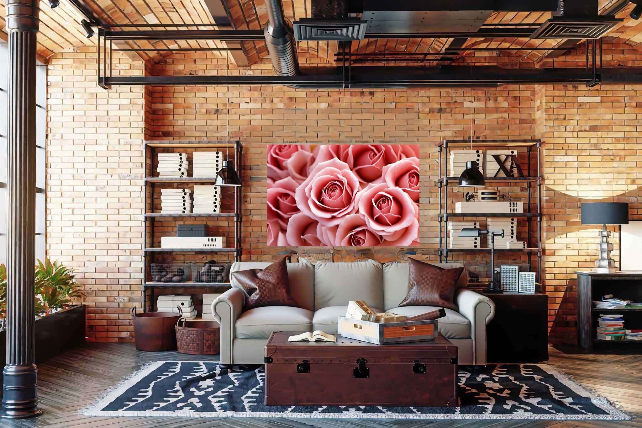 Petal ballet in blush: Pink rose art with romantic paintings, in a room with urban design, wall hangings, and home furnishings. The art can be printed on poster, framed poster, canvas, metal, acrylic or wood, exclusively at WallArtZen. Find this exact print at https://wallartzen.com/waz232