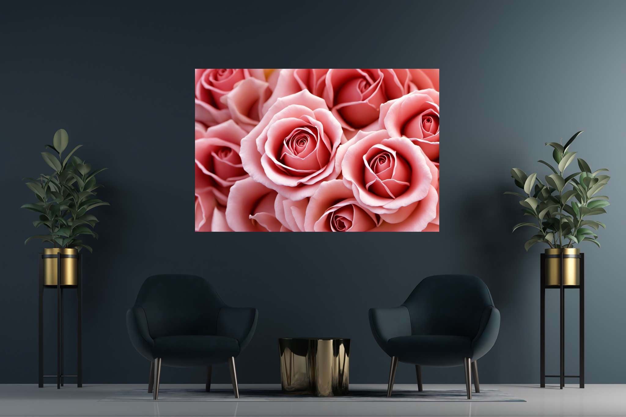 Petal ballet in blush: Pink rose art with floral arrangements, in a room with chic decor, canvas prints, and interior decorations. The art can be printed on poster, framed poster, canvas, metal, acrylic or wood, exclusively at WallArtZen. Find this exact print at https://wallartzen.com/waz232