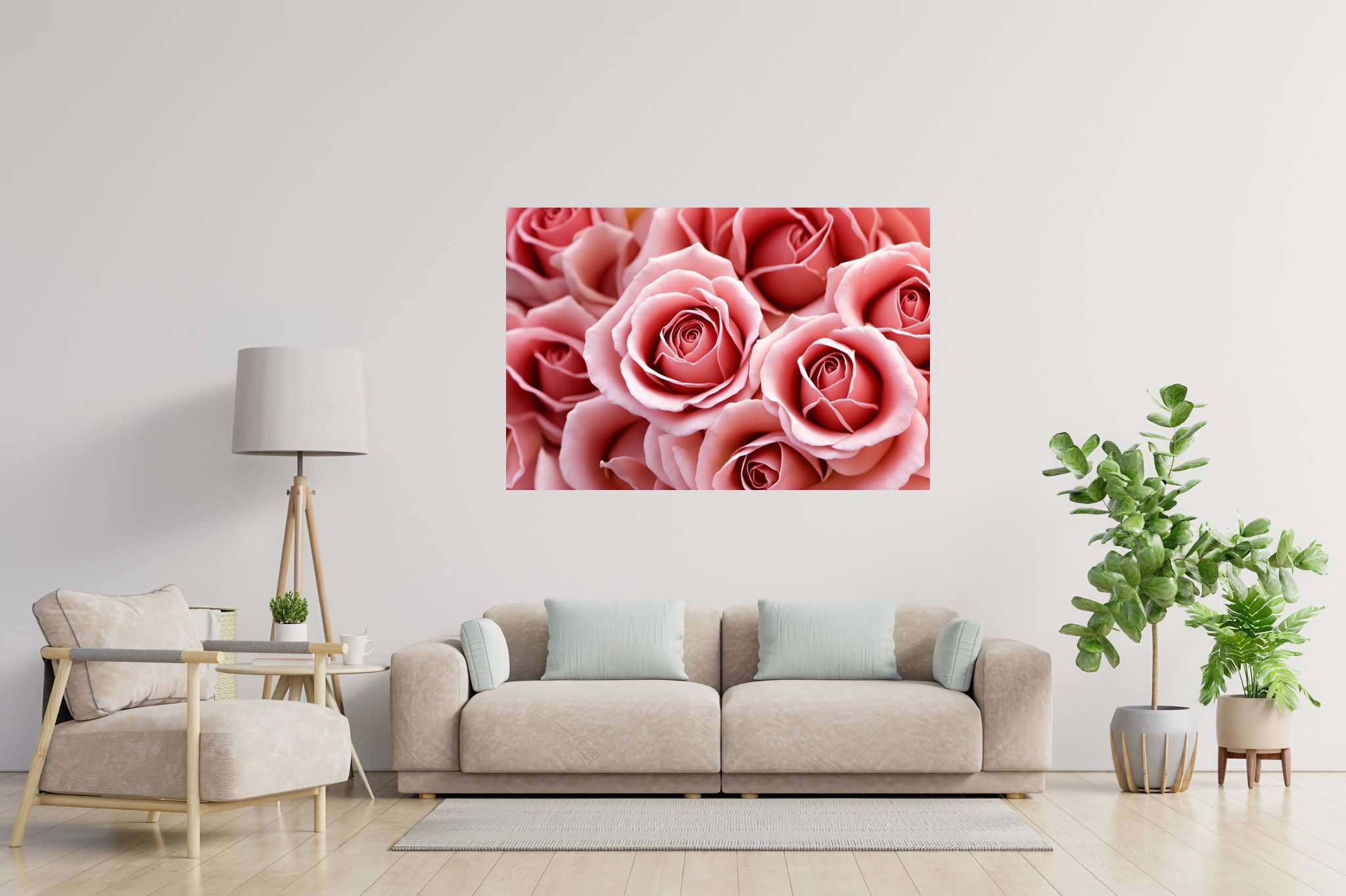 Petal ballet in blush: Pink rose art with botanical illustrations, in a room with great design, framed art, and designer furniture. The art can be printed on poster, framed poster, canvas, metal, acrylic or wood, exclusively at WallArtZen. Find this exact print at https://wallartzen.com/waz232