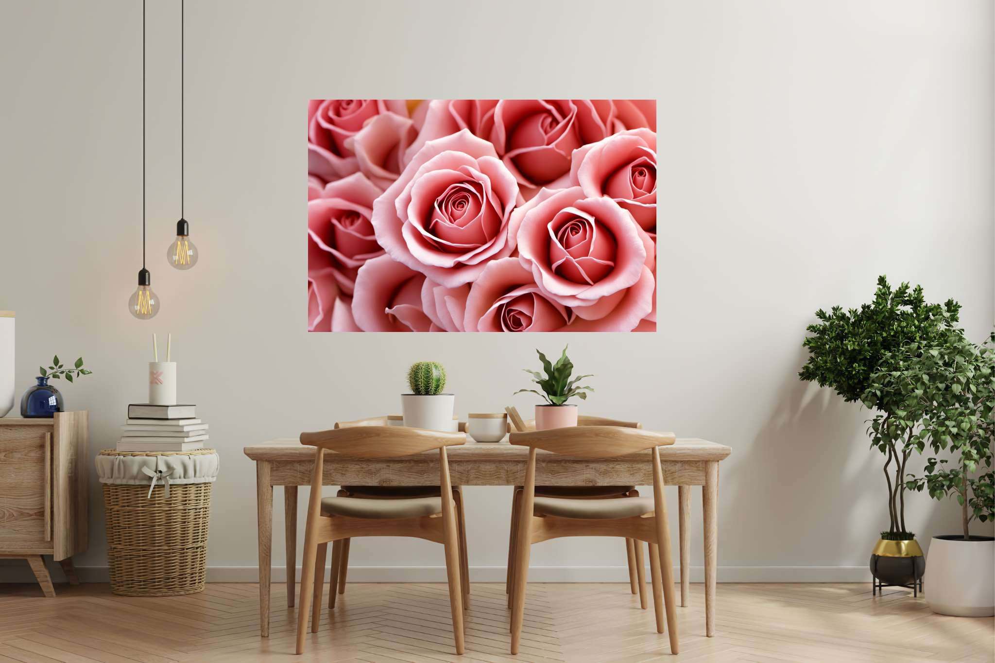 Petal ballet in blush: Pink rose art with nature-inspired artwork, in a room with urban design, fine art prints, and elegant home goods. The art can be printed on poster, framed poster, canvas, metal, acrylic or wood, exclusively at WallArtZen. Find this exact print at https://wallartzen.com/waz232