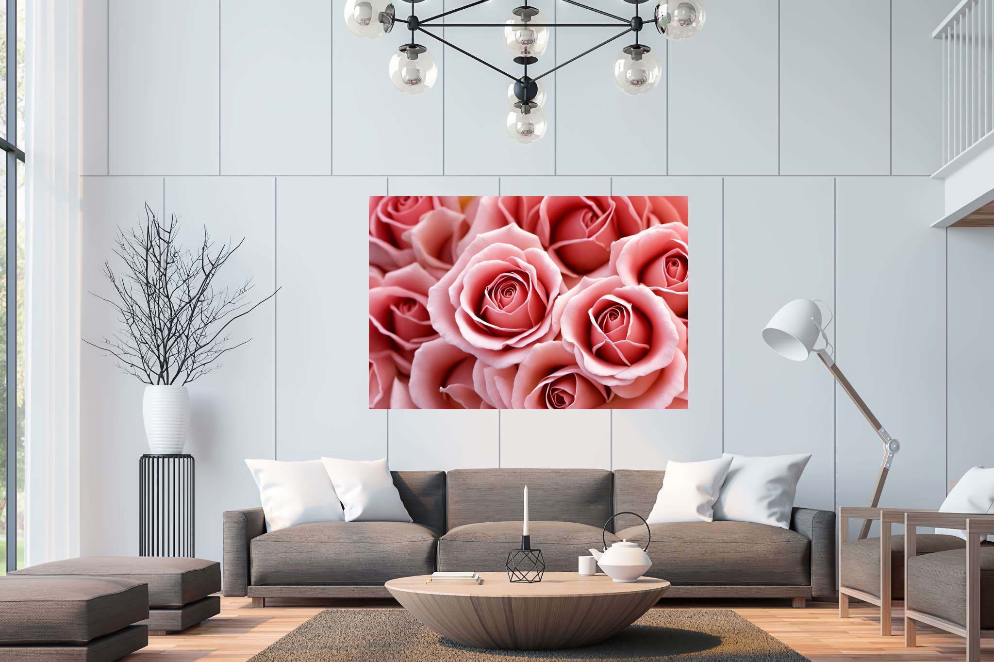 Petal ballet in blush: Pink rose art with botanical illustrations, in a room with great design, abstract paintings, and trendy home accents. The art can be printed on poster, framed poster, canvas, metal, acrylic or wood, exclusively at WallArtZen. Find this exact print at https://wallartzen.com/waz232