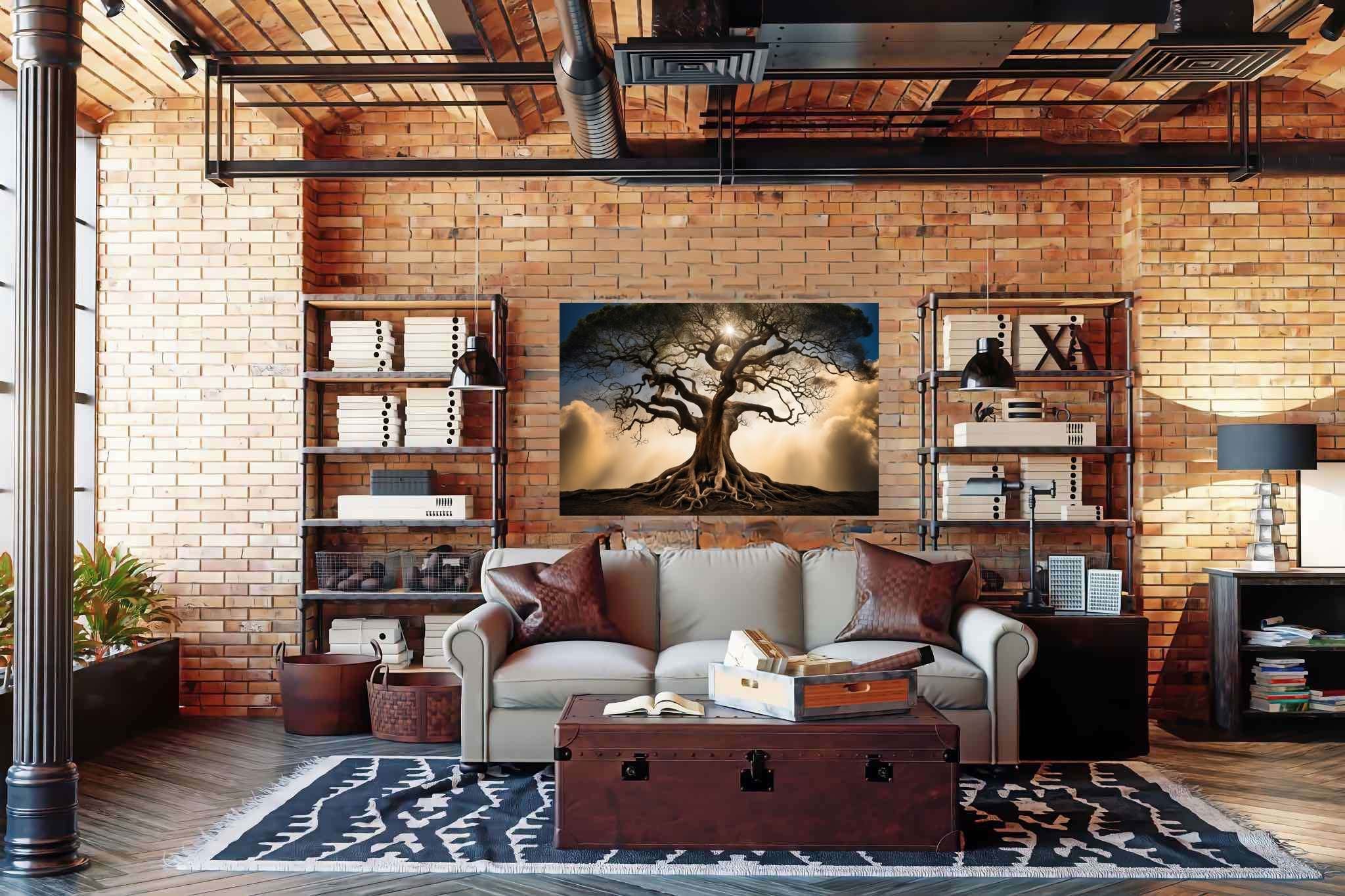 Skybound sentinels: Majestic tree art with tree silhouette, in a room with artistic style, canvas prints, and stylish accessories. The art can be printed on poster, framed poster, canvas, metal, acrylic or wood, exclusively at WallArtZen. Find this exact print at https://wallartzen.com/waz235