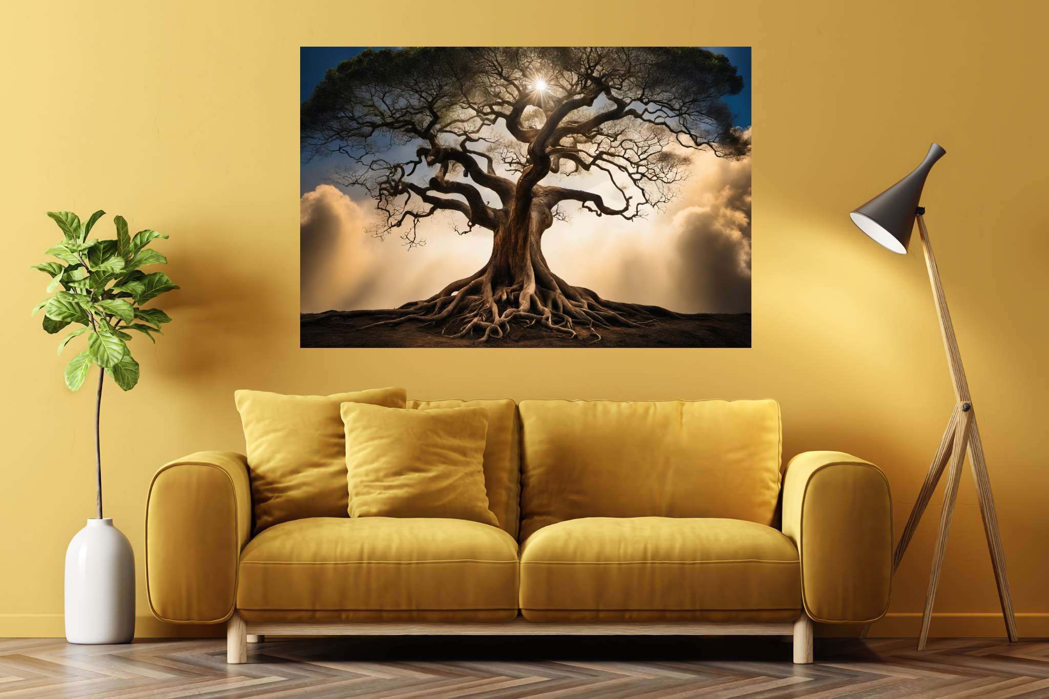 Skybound sentinels: Majestic tree art with enchanted forest artwork, in a room with urban design, mural artworks, and stylish accessories. The art can be printed on poster, framed poster, canvas, metal, acrylic or wood, exclusively at WallArtZen. Find this exact print at https://wallartzen.com/waz235