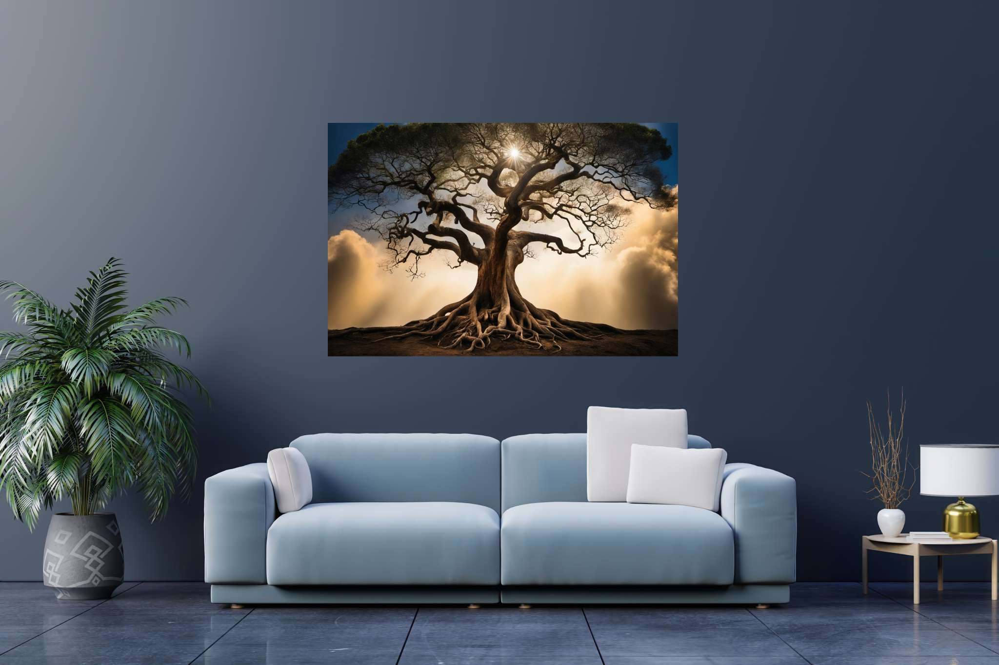 Skybound sentinels: Majestic tree art with tree silhouette, in a room with elegant layout, gallery-quality artwork, and designer furniture. The art can be printed on poster, framed poster, canvas, metal, acrylic or wood, exclusively at WallArtZen. Find this exact print at https://wallartzen.com/waz235