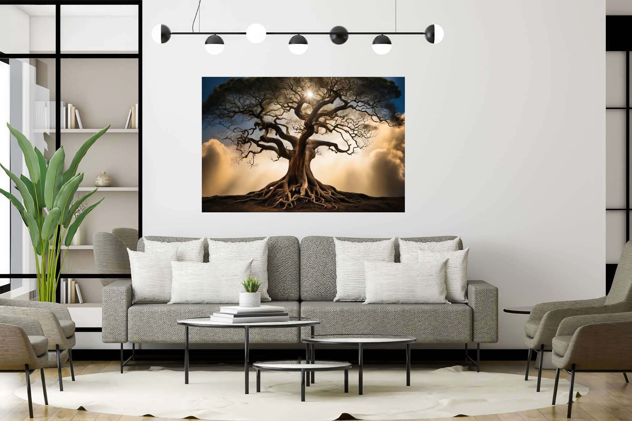 Skybound sentinels: Majestic tree art with nature-inspired wall art, in a room with urban design, framed art, and designer furniture. The art can be printed on poster, framed poster, canvas, metal, acrylic or wood, exclusively at WallArtZen. Find this exact print at https://wallartzen.com/waz235
