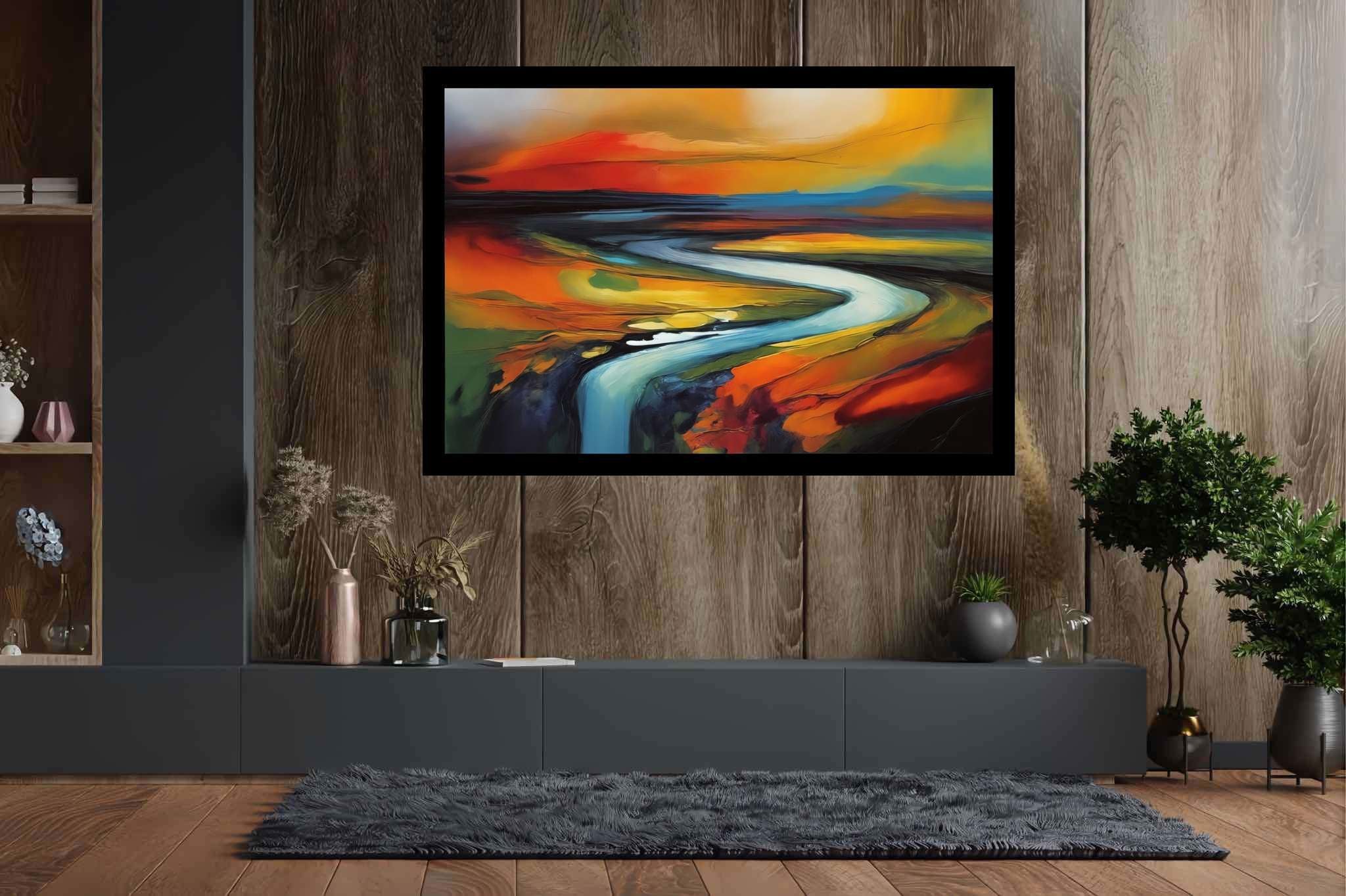 Evening's embrace on the valley river: Landscape art with landscape artists, in a room with innovative layout, wall hangings, and luxe decor. The art can be printed on poster, framed poster, canvas, metal, acrylic or wood, exclusively at WallArtZen. Find this exact print at https://wallartzen.com/waz236