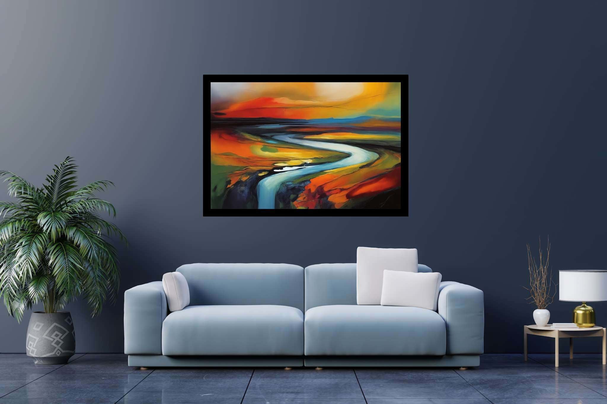 Evening's embrace on the valley river: Landscape art with urban landscapes, in a room with classic elegance, mural artworks, and home furnishings. The art can be printed on poster, framed poster, canvas, metal, acrylic or wood, exclusively at WallArtZen. Find this exact print at https://wallartzen.com/waz236