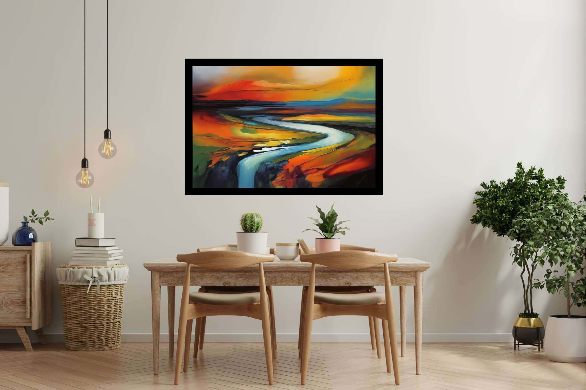 Evening's embrace on the valley river: Landscape art with landscape paintings, in a room with contemporary flair, bespoke art designs, and interior decorations. The art can be printed on poster, framed poster, canvas, metal, acrylic or wood, exclusively at WallArtZen. Find this exact print at https://wallartzen.com/waz236