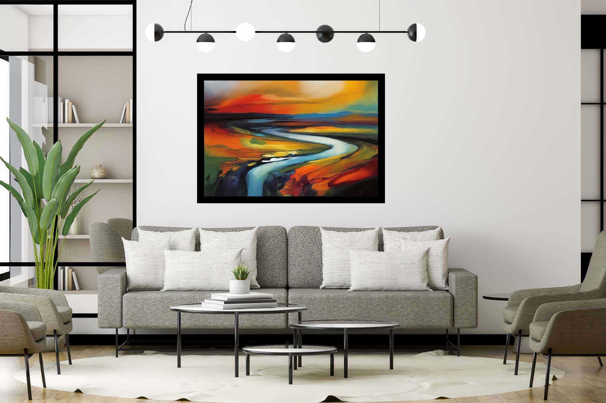 Evening's embrace on the valley river: Landscape art with picturesque landscapes, in a room with great design, abstract paintings, and artisan decor. The art can be printed on poster, framed poster, canvas, metal, acrylic or wood, exclusively at WallArtZen. Find this exact print at https://wallartzen.com/waz236