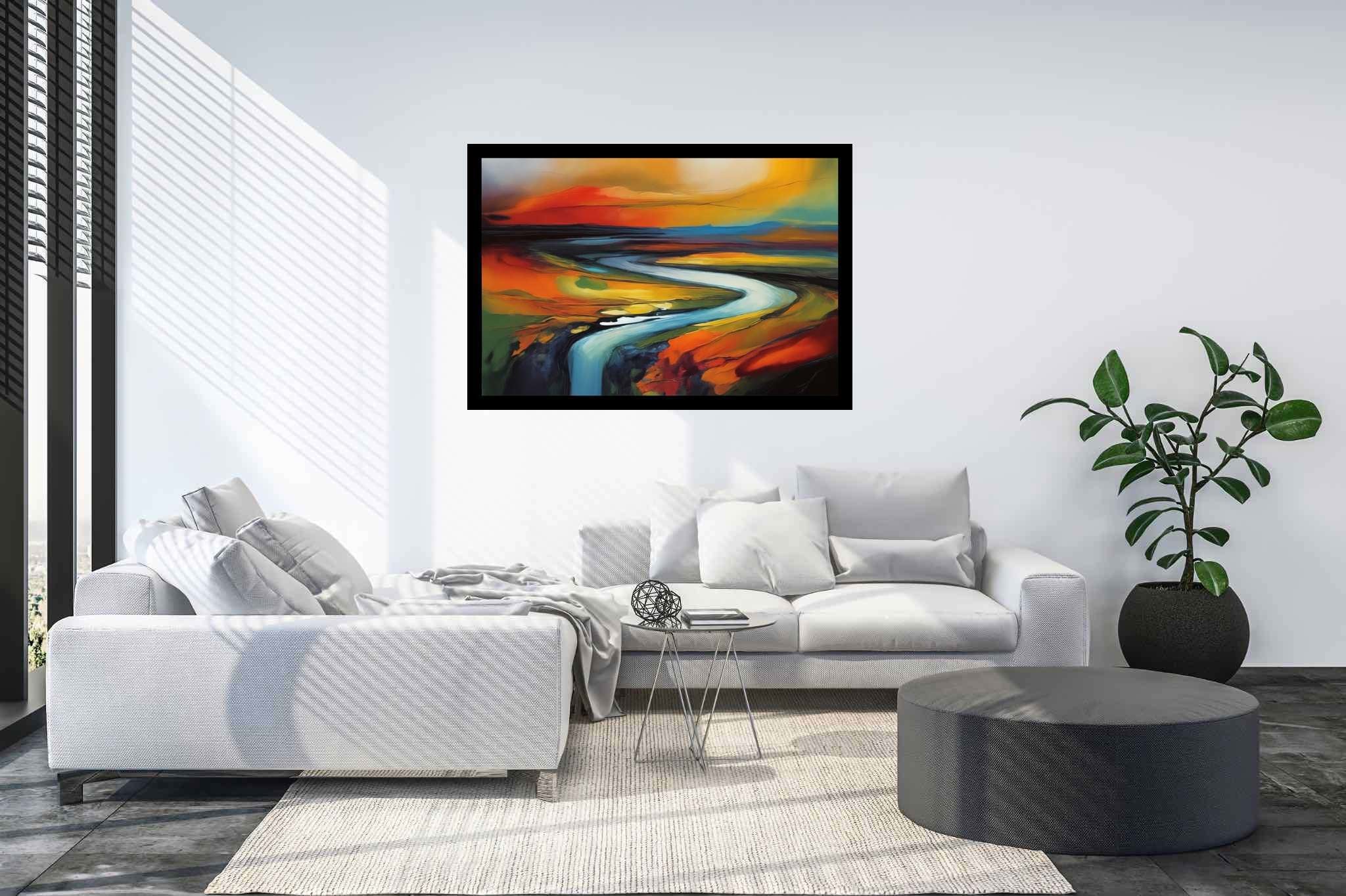 Evening's embrace on the valley river: Landscape art with landscape paintings, in a room with minimalist approach, abstract paintings, and luxe decor. The art can be printed on poster, framed poster, canvas, metal, acrylic or wood, exclusively at WallArtZen. Find this exact print at https://wallartzen.com/waz236