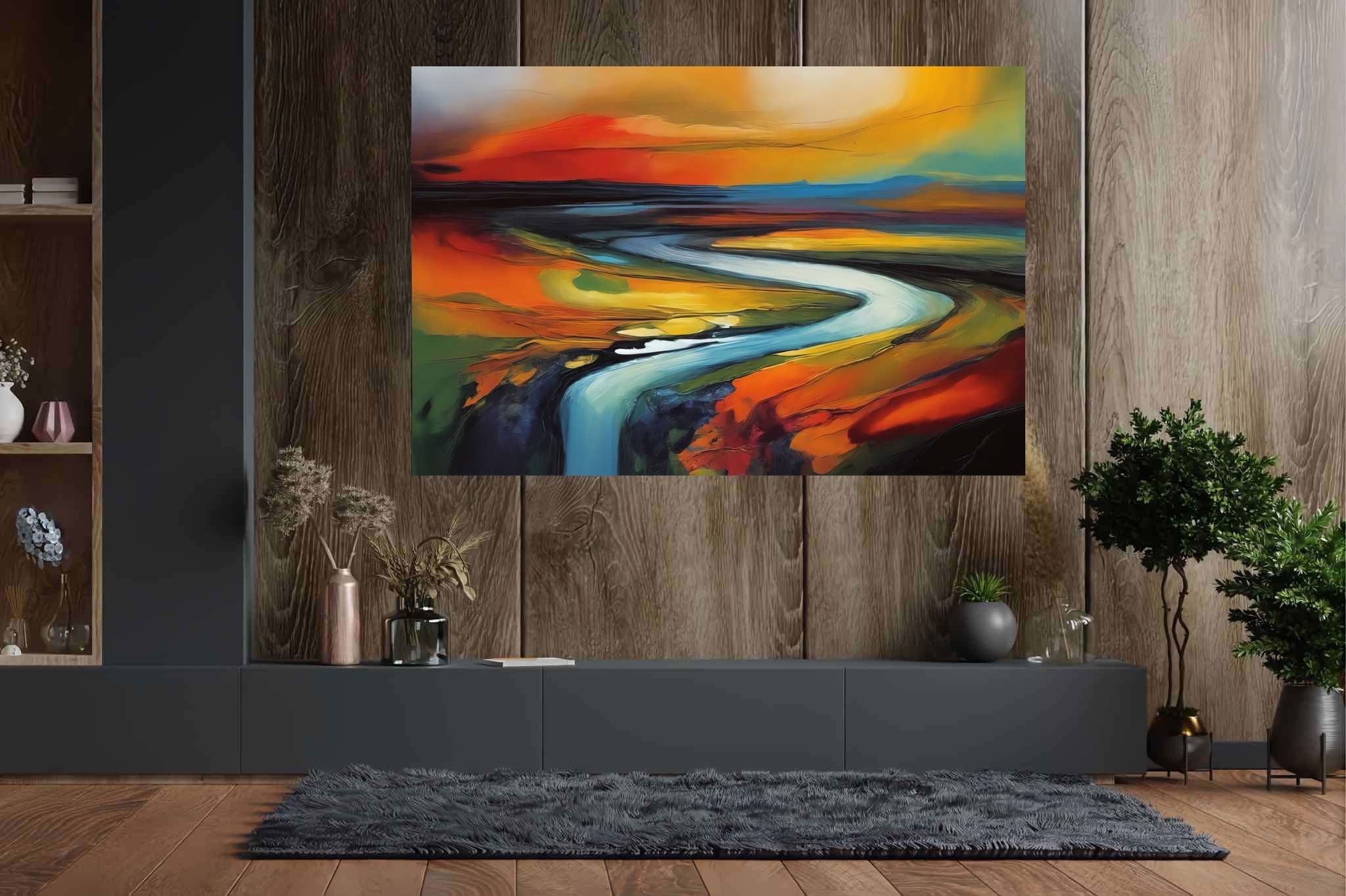 Evening's embrace on the valley river: Landscape art with countryside landscapes, in a room with classic elegance, wall hangings, and designer furniture. The art can be printed on poster, framed poster, canvas, metal, acrylic or wood, exclusively at WallArtZen. Find this exact print at https://wallartzen.com/waz236