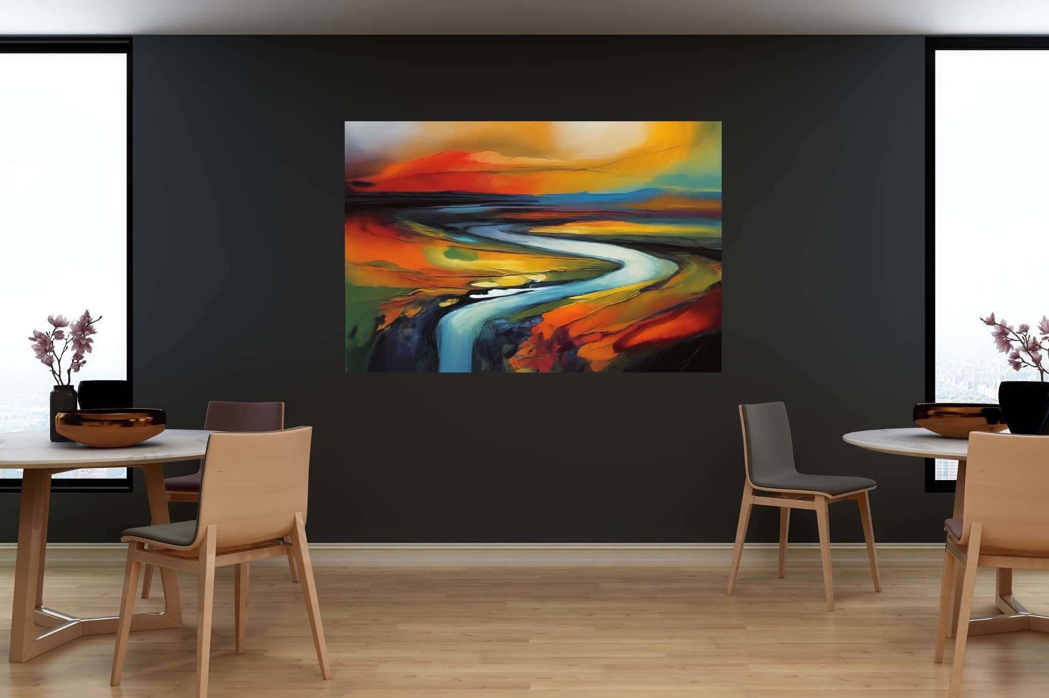 Evening's embrace on the valley river: Landscape art with nature painting, in a room with modern style, photographic wall art, and interior decorations. The art can be printed on poster, framed poster, canvas, metal, acrylic or wood, exclusively at WallArtZen. Find this exact print at https://wallartzen.com/waz236