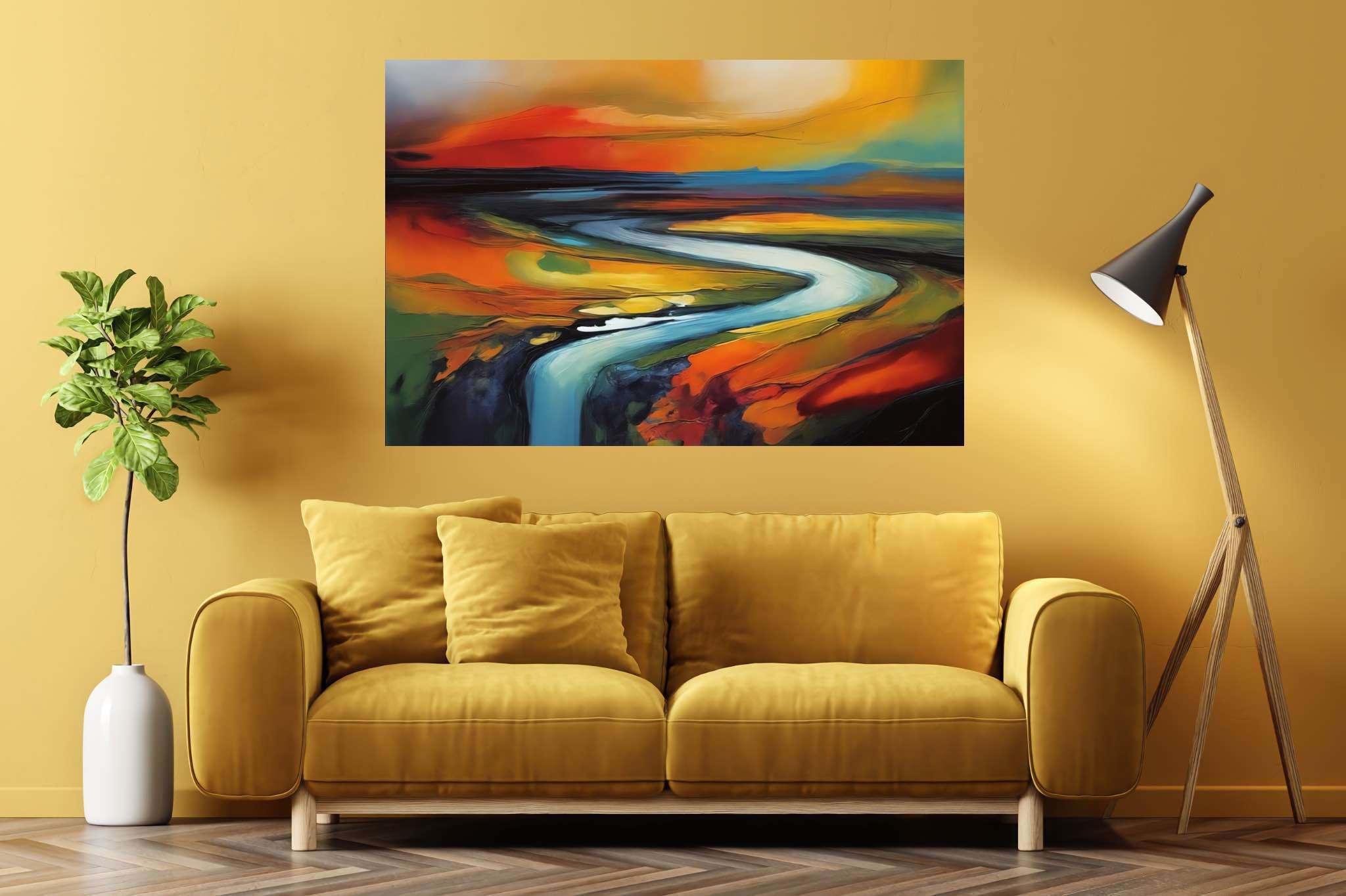 Evening's embrace on the valley river: Landscape art with natural scenery, in a room with minimalist approach, mural artworks, and home furnishings. The art can be printed on poster, framed poster, canvas, metal, acrylic or wood, exclusively at WallArtZen. Find this exact print at https://wallartzen.com/waz236