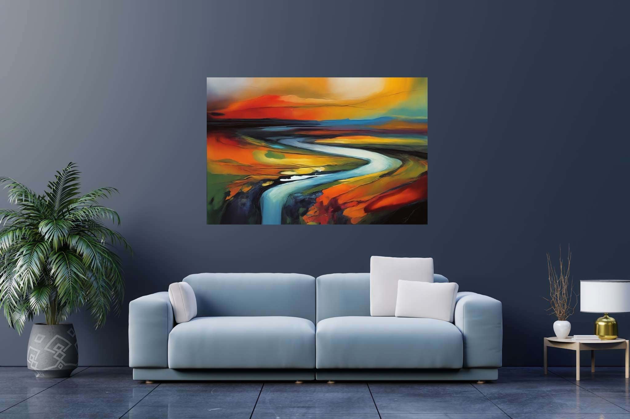 Evening's embrace on the valley river: Landscape art with panoramic views, in a room with artistic style, mural artworks, and designer furniture. The art can be printed on poster, framed poster, canvas, metal, acrylic or wood, exclusively at WallArtZen. Find this exact print at https://wallartzen.com/waz236