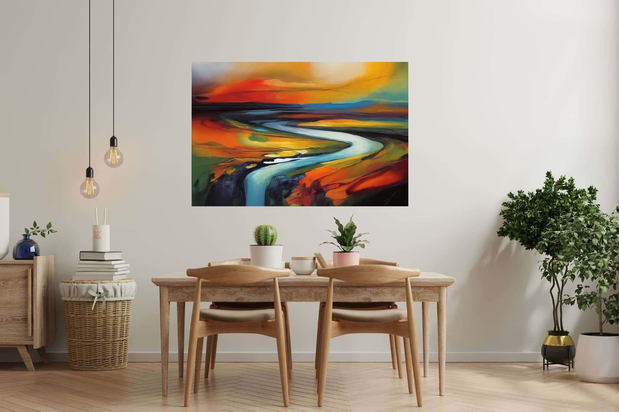 Evening's embrace on the valley river: Landscape art with outdoor landscapes, in a room with urban design, gallery-quality artwork, and designer furniture. The art can be printed on poster, framed poster, canvas, metal, acrylic or wood, exclusively at WallArtZen. Find this exact print at https://wallartzen.com/waz236