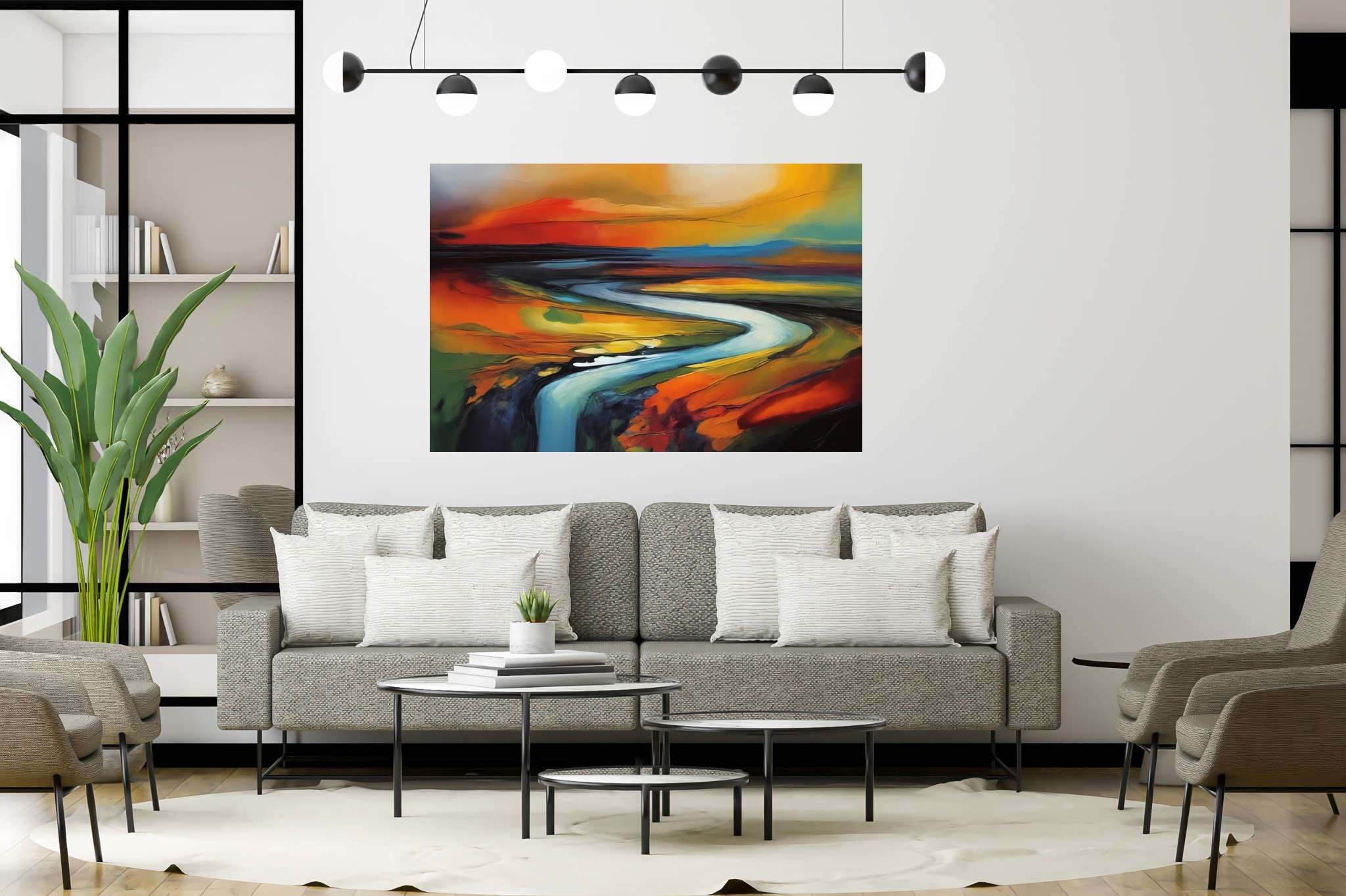 Evening's embrace on the valley river: Landscape art with countryside landscapes, in a room with modern style, fine art prints, and elegant home goods. The art can be printed on poster, framed poster, canvas, metal, acrylic or wood, exclusively at WallArtZen. Find this exact print at https://wallartzen.com/waz236