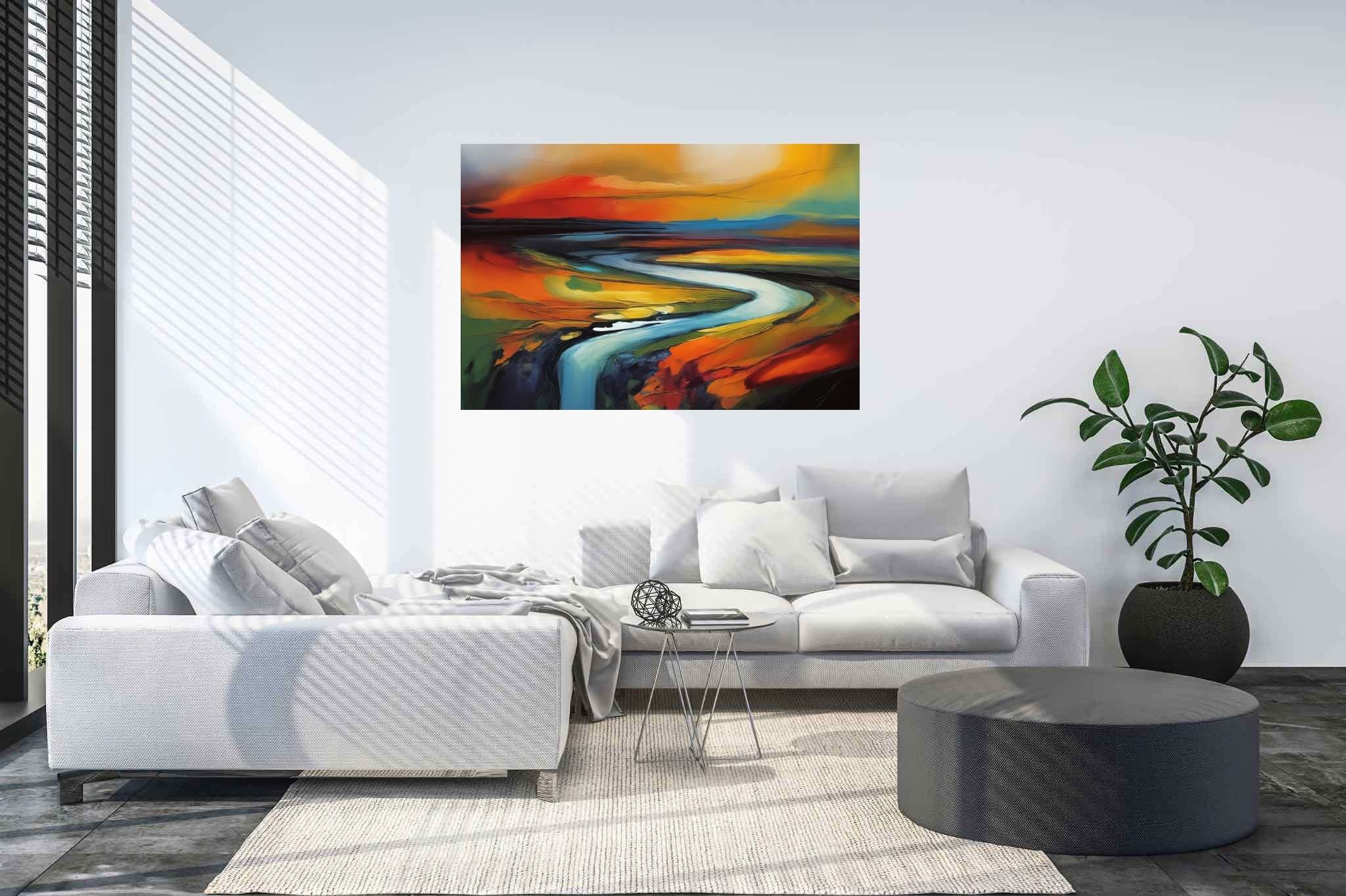 Evening's embrace on the valley river: Landscape art with picturesque landscapes, in a room with innovative layout, abstract paintings, and decorative pieces. The art can be printed on poster, framed poster, canvas, metal, acrylic or wood, exclusively at WallArtZen. Find this exact print at https://wallartzen.com/waz236