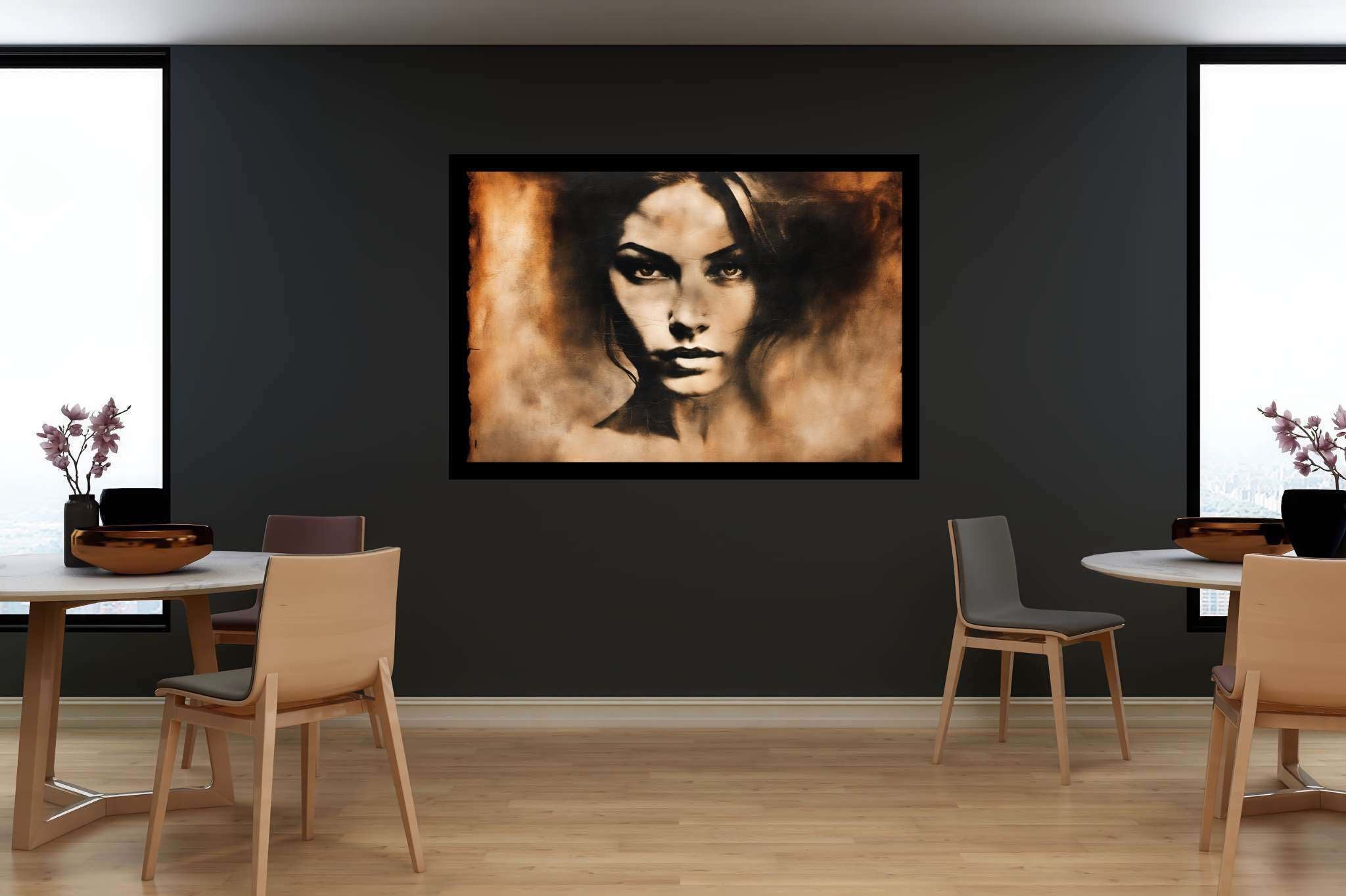 Elegance in silence: Graceful woman portrait art with enchanting, in a room with minimalist approach, wall art, and designer furniture. The art can be printed on poster, framed poster, canvas, metal, acrylic or wood, exclusively at WallArtZen. Find this exact print at https://wallartzen.com/waz237