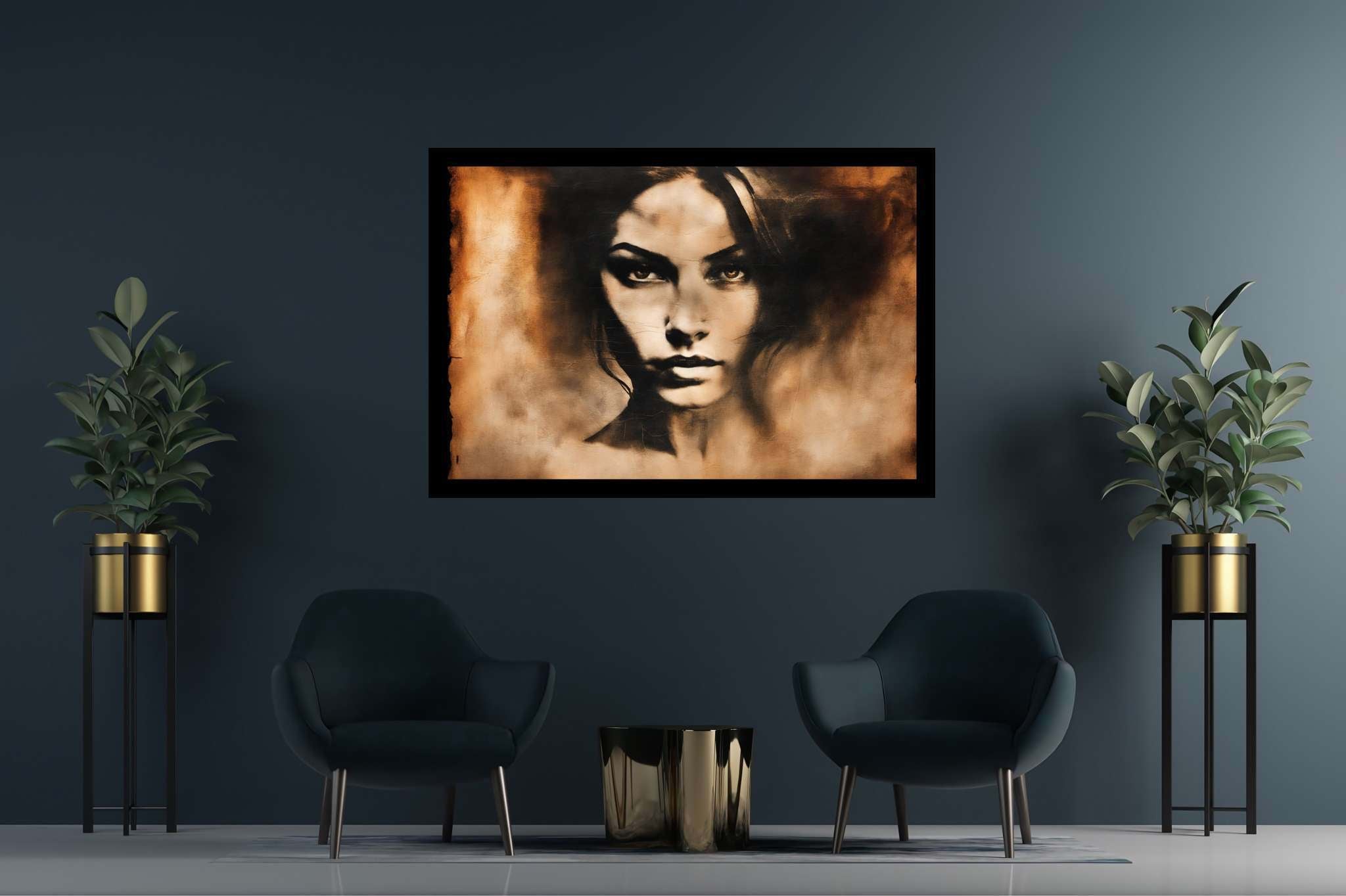 Elegance in silence: Graceful woman portrait art with enchanting, in a room with artistic style, abstract paintings, and home styling items. The art can be printed on poster, framed poster, canvas, metal, acrylic or wood, exclusively at WallArtZen. Find this exact print at https://wallartzen.com/waz237