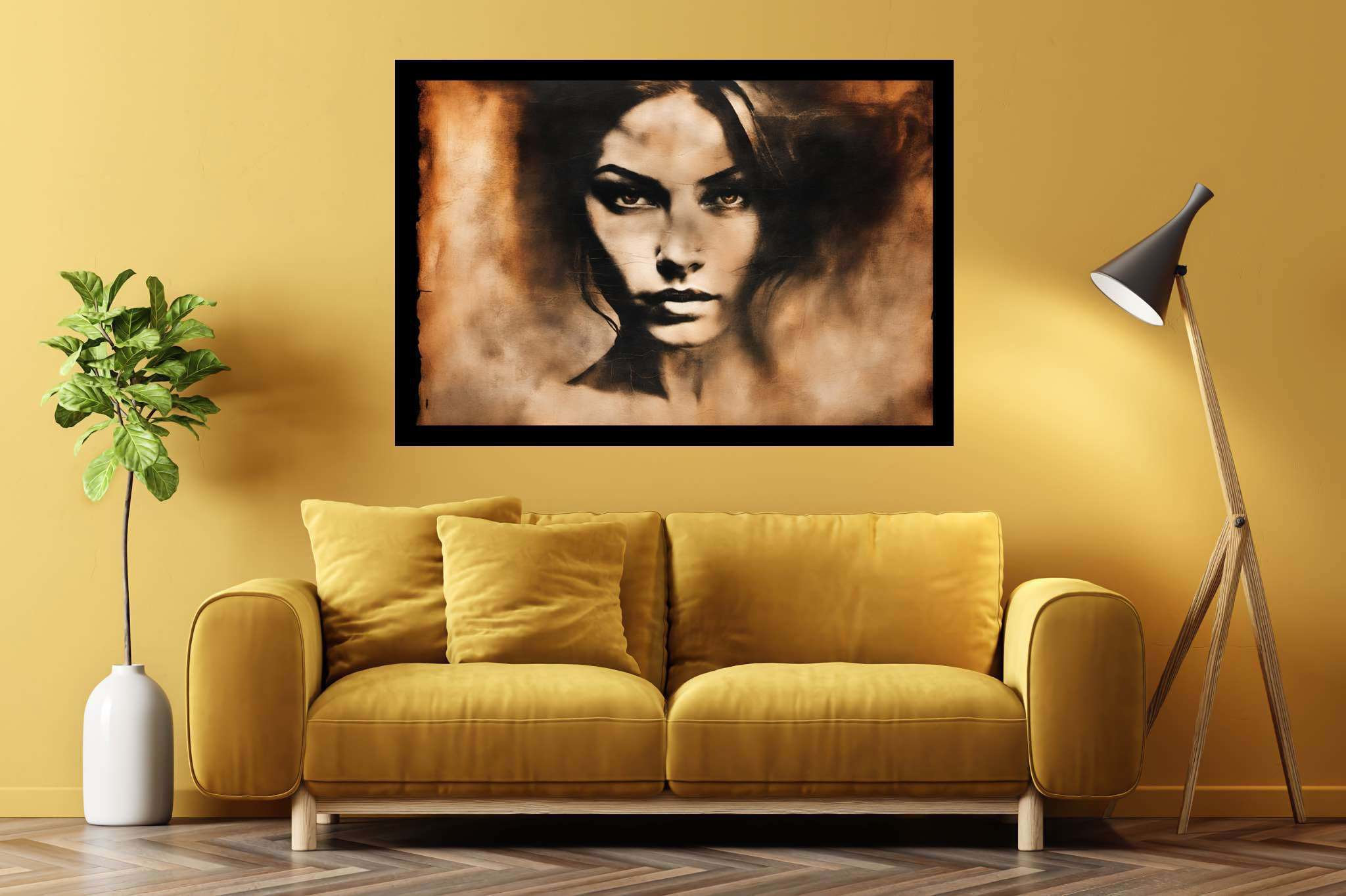 Elegance in silence: Graceful woman portrait art with captivating, in a room with contemporary flair, mural artworks, and home styling items. The art can be printed on poster, framed poster, canvas, metal, acrylic or wood, exclusively at WallArtZen. Find this exact print at https://wallartzen.com/waz237