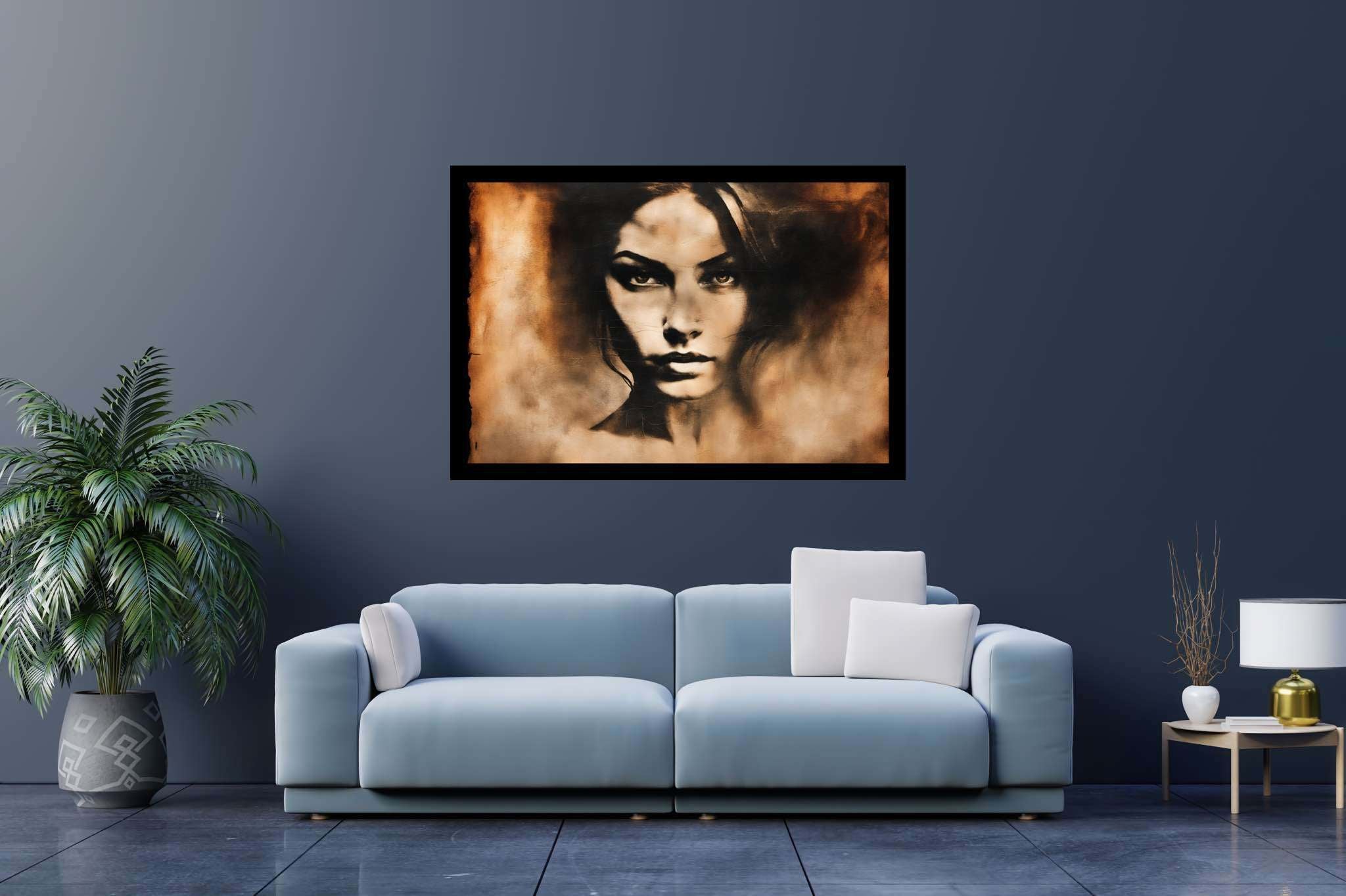 Elegance in silence: Graceful woman portrait art with delicate, in a room with urban design, bespoke art designs, and interior decorations. The art can be printed on poster, framed poster, canvas, metal, acrylic or wood, exclusively at WallArtZen. Find this exact print at https://wallartzen.com/waz237