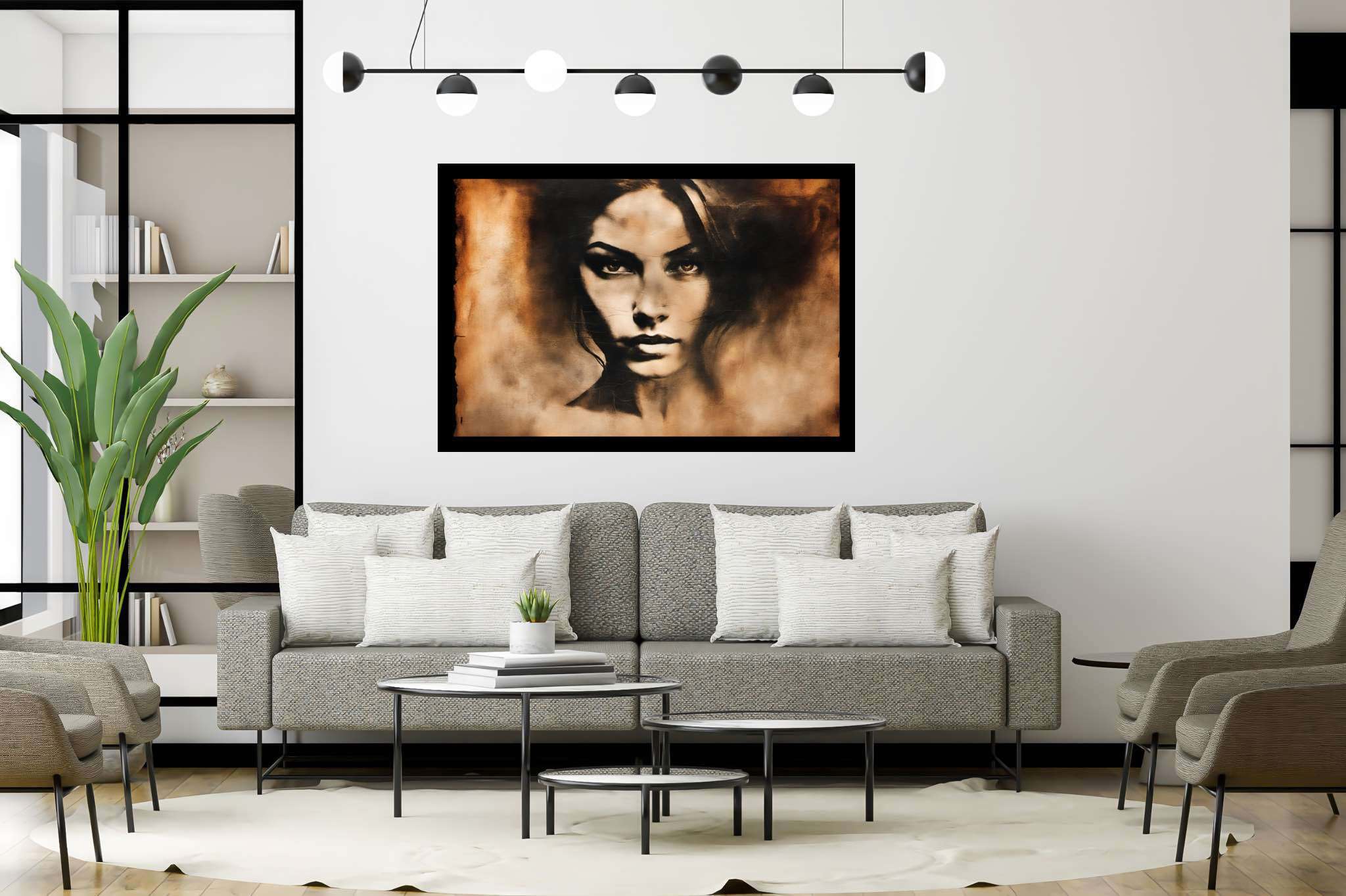 Elegance in silence: Graceful woman portrait art with beauty, in a room with urban design, abstract paintings, and interior decorations. The art can be printed on poster, framed poster, canvas, metal, acrylic or wood, exclusively at WallArtZen. Find this exact print at https://wallartzen.com/waz237