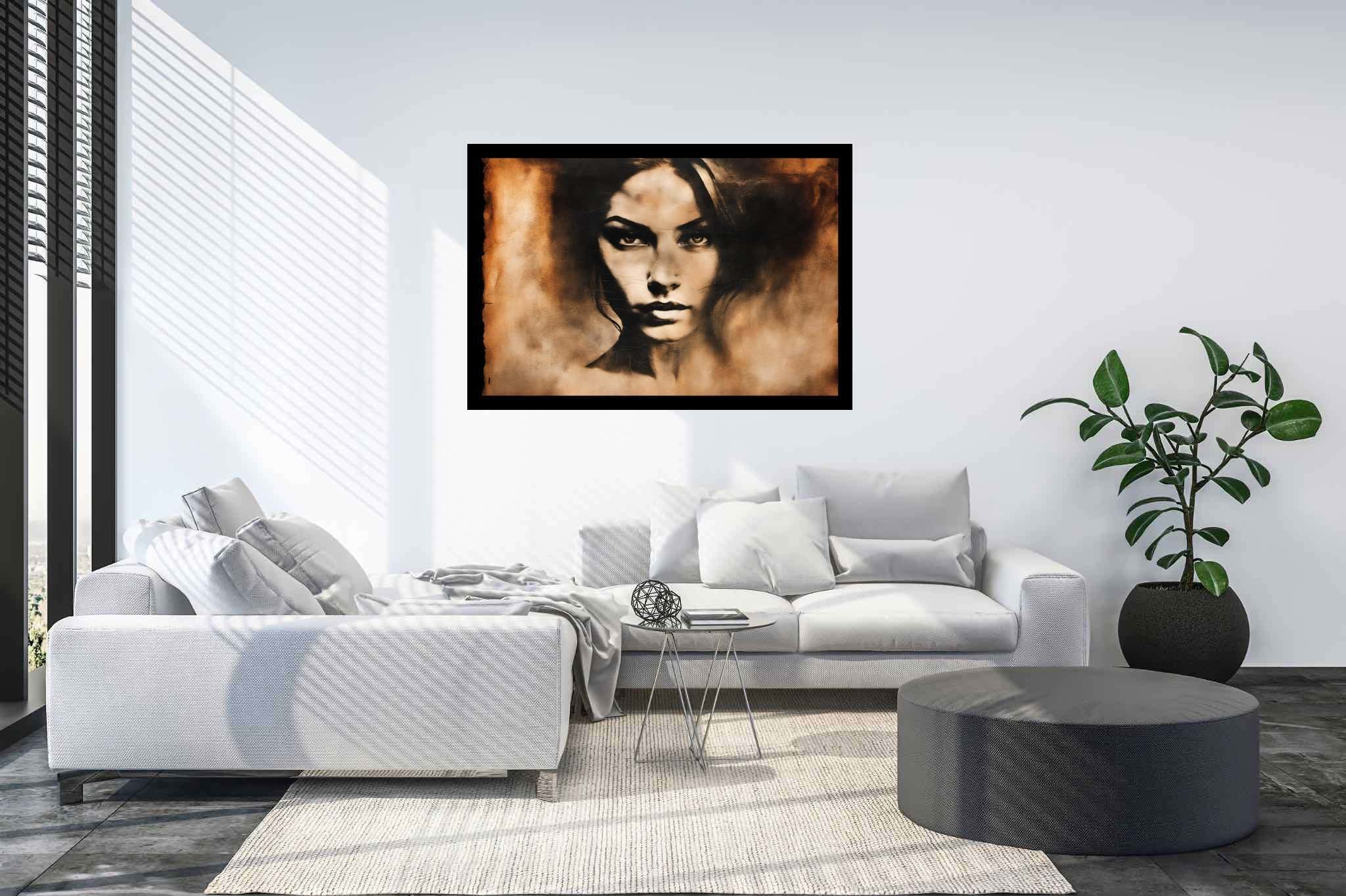 Elegance in silence: Graceful woman portrait art with feminine, in a room with urban design, canvas prints, and artisan decor. The art can be printed on poster, framed poster, canvas, metal, acrylic or wood, exclusively at WallArtZen. Find this exact print at https://wallartzen.com/waz237