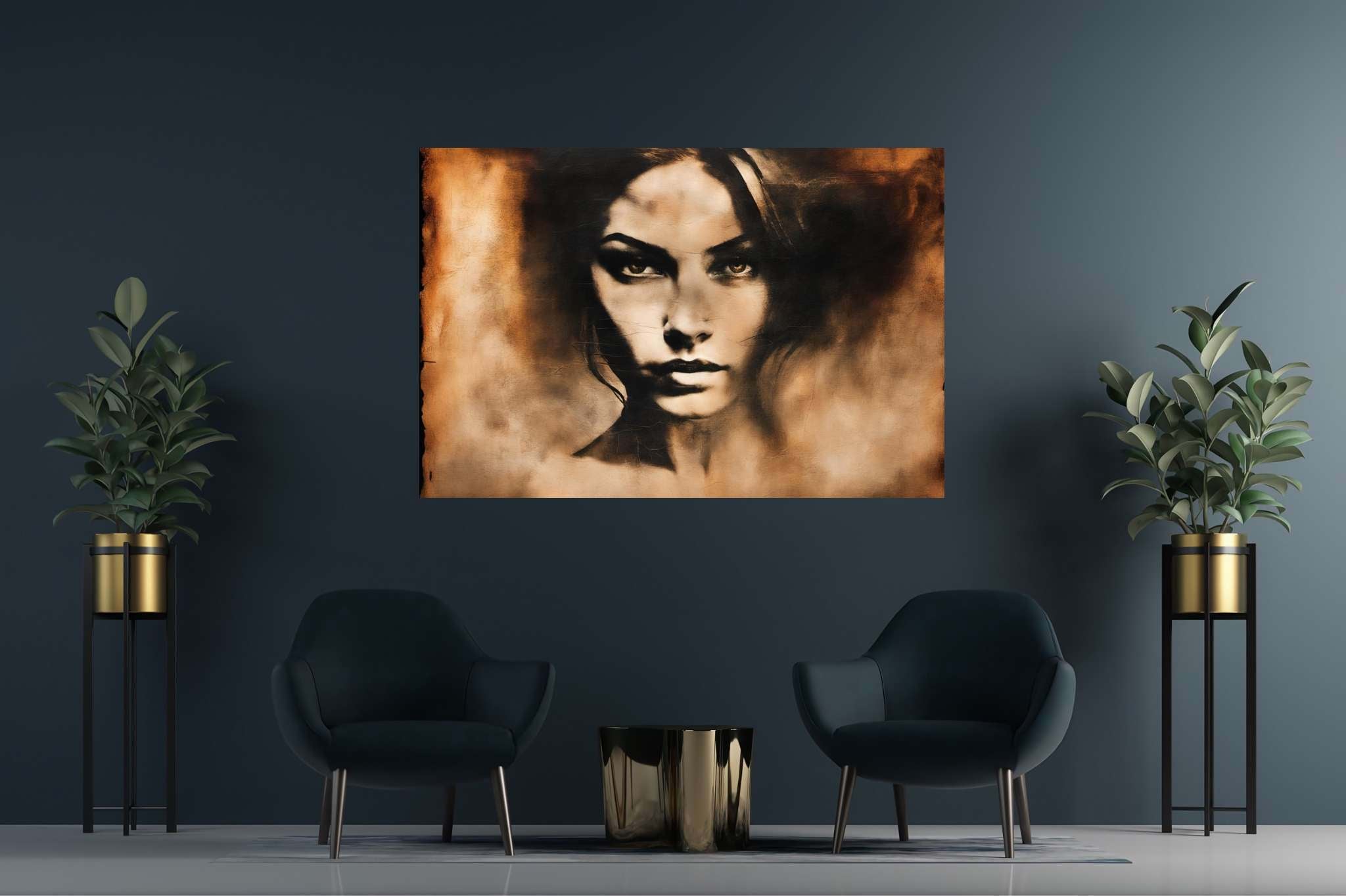 Elegance in silence: Graceful woman portrait art with feminine, in a room with minimalist approach, framed art, and trendy home accents. The art can be printed on poster, framed poster, canvas, metal, acrylic or wood, exclusively at WallArtZen. Find this exact print at https://wallartzen.com/waz237