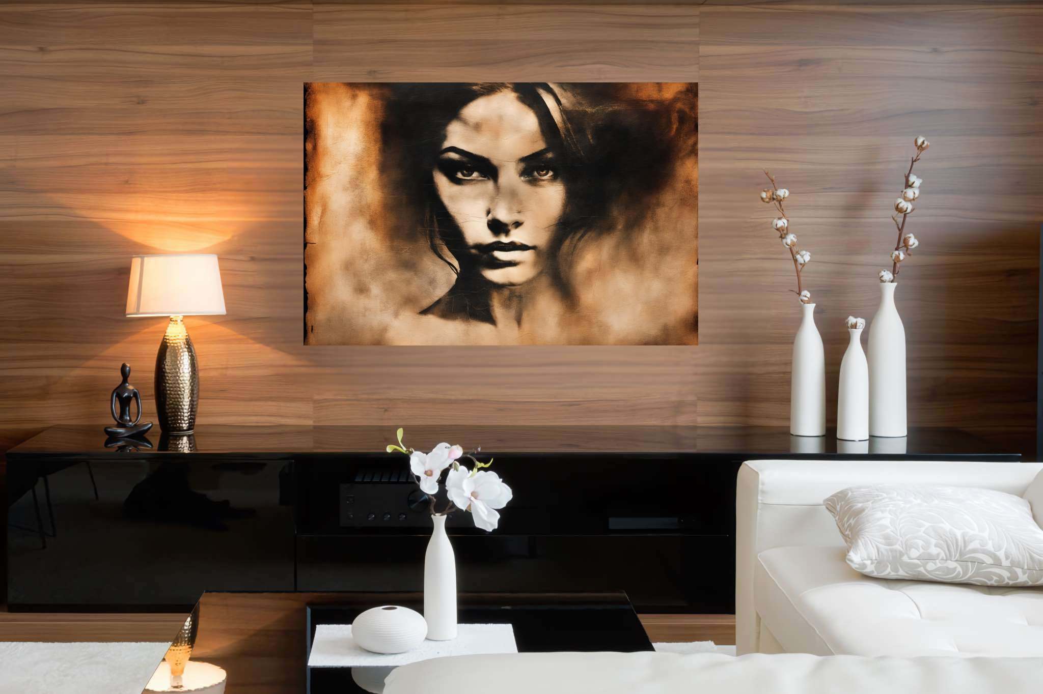 Elegance in silence: Graceful woman portrait art with delicate, in a room with classic elegance, framed art, and luxe decor. The art can be printed on poster, framed poster, canvas, metal, acrylic or wood, exclusively at WallArtZen. Find this exact print at https://wallartzen.com/waz237