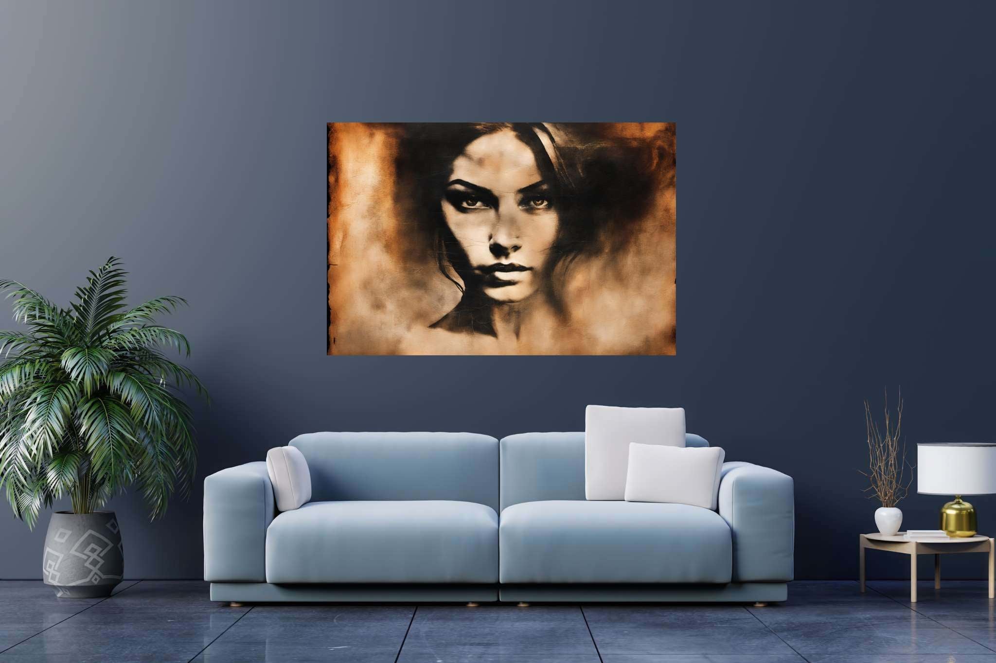 Elegance in silence: Graceful woman portrait art with graceful woman portrait art, in a room with contemporary flair, wall hangings, and home furnishings. The art can be printed on poster, framed poster, canvas, metal, acrylic or wood, exclusively at WallArtZen. Find this exact print at https://wallartzen.com/waz237