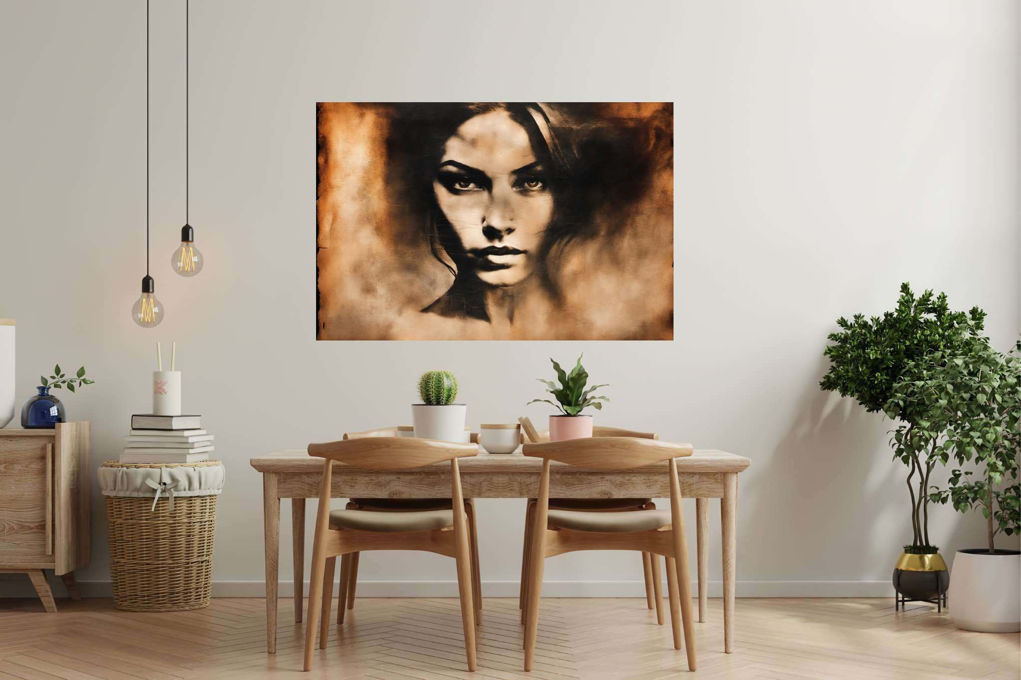 Elegance in silence: Graceful woman portrait art with refined, in a room with minimalist approach, wall hangings, and decorative pieces. The art can be printed on poster, framed poster, canvas, metal, acrylic or wood, exclusively at WallArtZen. Find this exact print at https://wallartzen.com/waz237