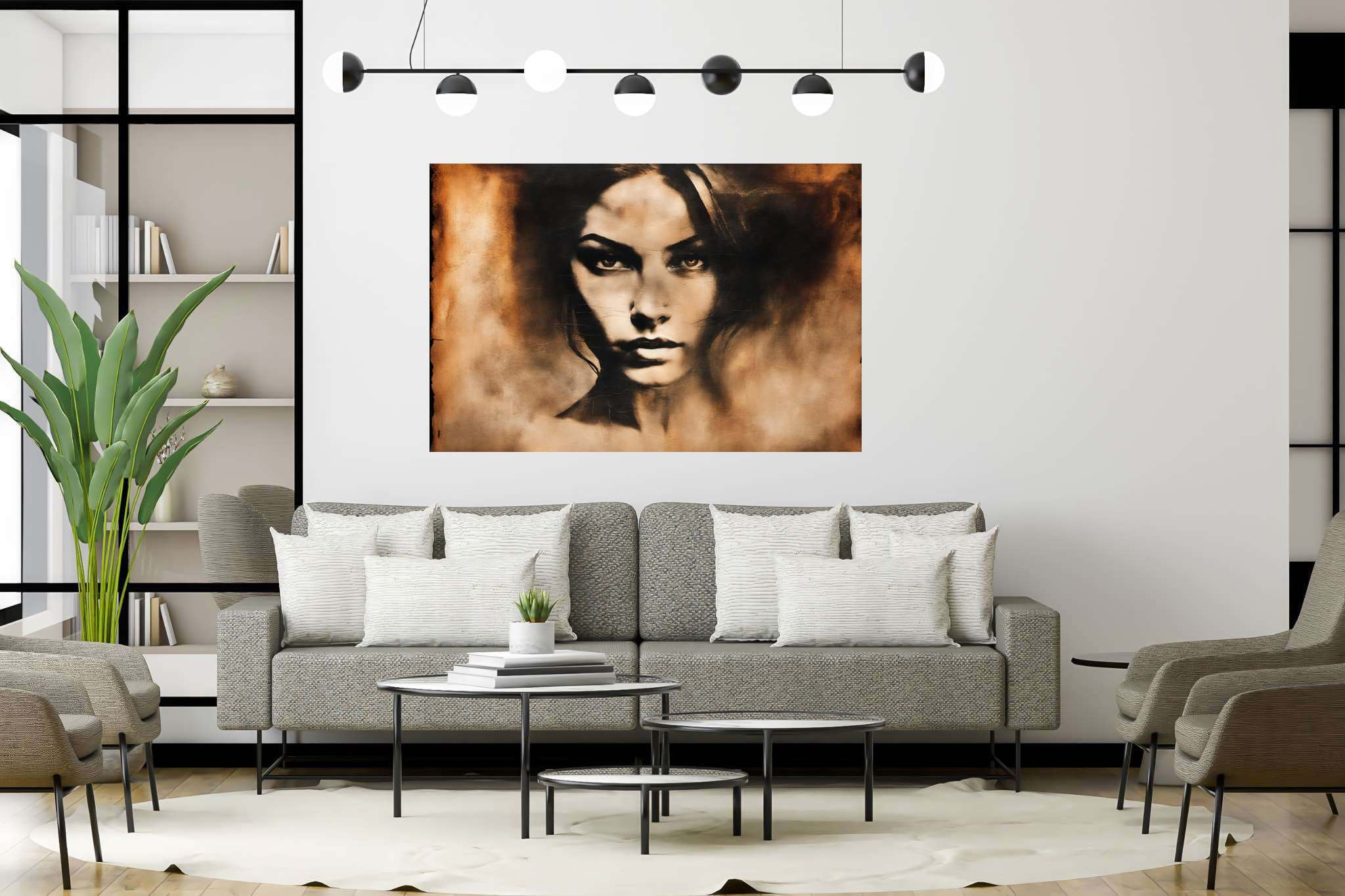 Elegance in silence: Graceful woman portrait art with expressive, in a room with urban design, mural artworks, and designer furniture. The art can be printed on poster, framed poster, canvas, metal, acrylic or wood, exclusively at WallArtZen. Find this exact print at https://wallartzen.com/waz237