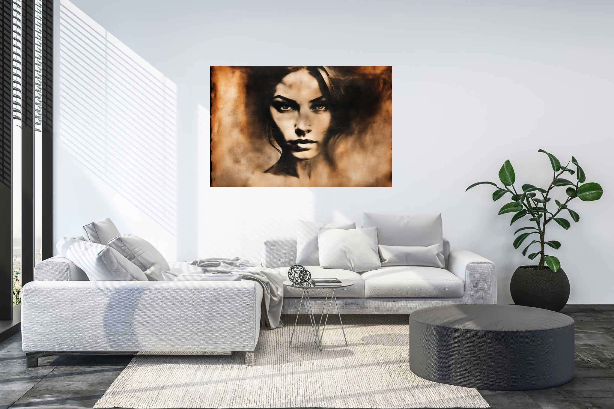 Elegance in silence: Graceful woman portrait art with ethereal, in a room with artistic style, digital art pieces, and luxe decor. The art can be printed on poster, framed poster, canvas, metal, acrylic or wood, exclusively at WallArtZen. Find this exact print at https://wallartzen.com/waz237