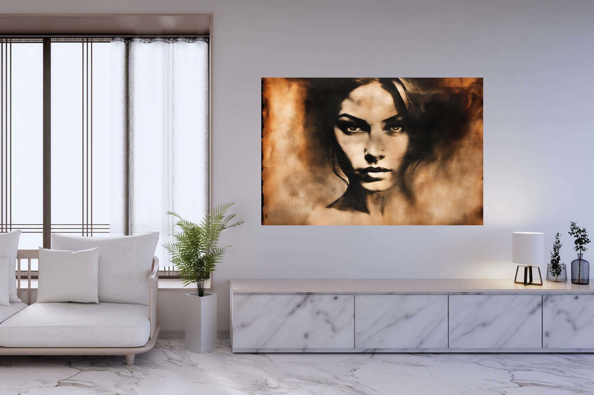 Elegance in silence: Graceful woman portrait art with graceful woman portrait art, in a room with artistic style, bespoke art designs, and stylish accessories. The art can be printed on poster, framed poster, canvas, metal, acrylic or wood, exclusively at WallArtZen. Find this exact print at https://wallartzen.com/waz237