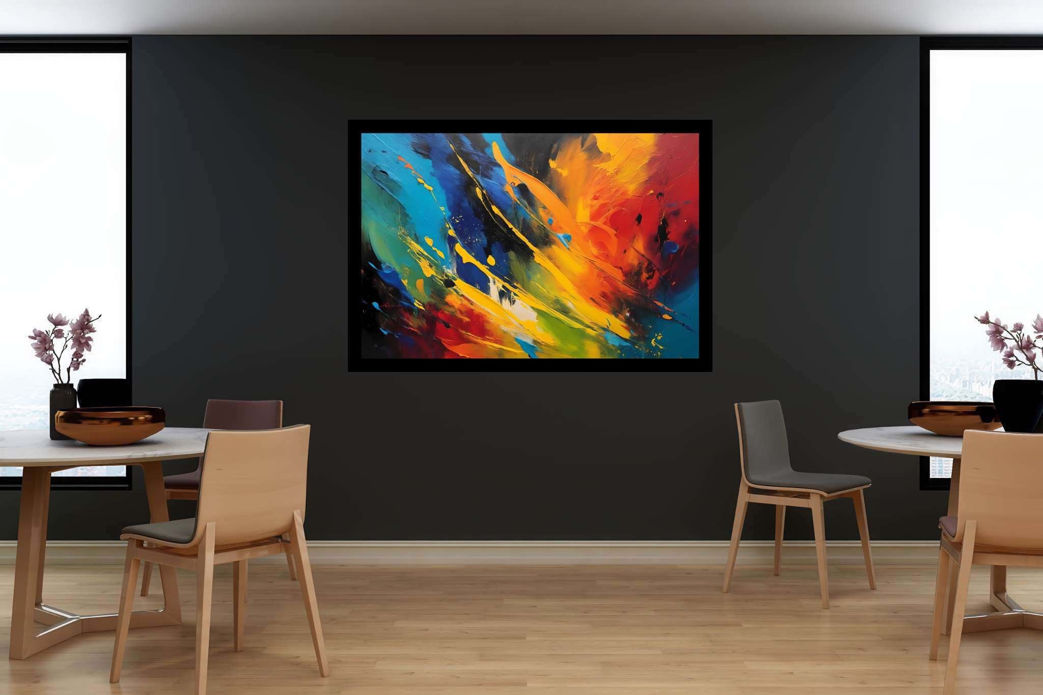 Chromatic rhapsody: Vibrant art with expressive art, in a room with urban design, abstract paintings, and designer furniture. The art can be printed on poster, framed poster, canvas, metal, acrylic or wood, exclusively at WallArtZen. Find this exact print at https://wallartzen.com/waz239