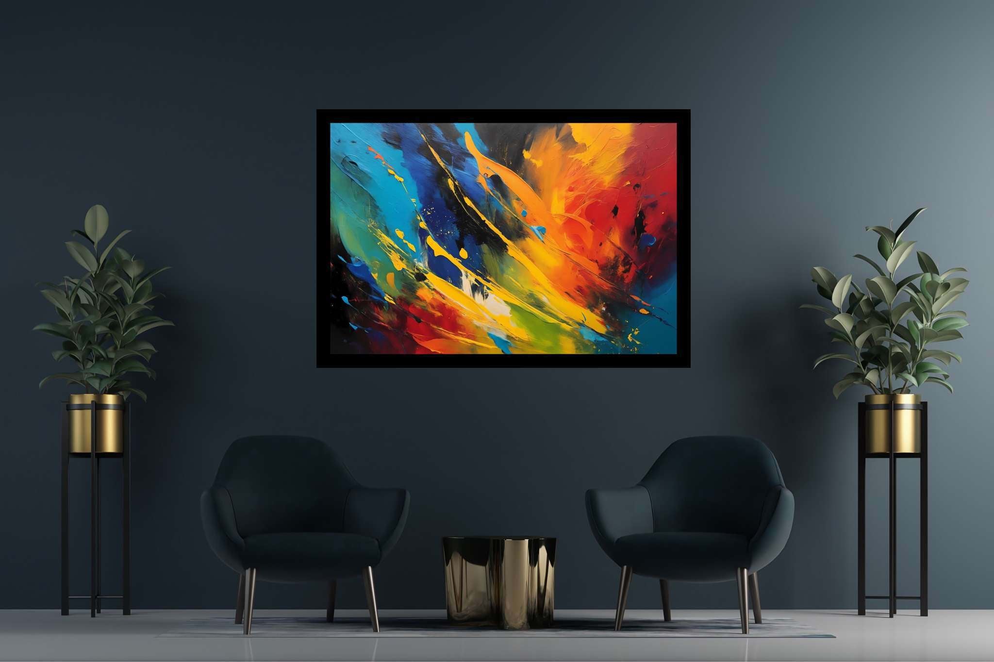 Chromatic rhapsody: Vibrant art with vibrant artistic expressions, in a room with minimalist approach, gallery-quality artwork, and home styling items. The art can be printed on poster, framed poster, canvas, metal, acrylic or wood, exclusively at WallArtZen. Find this exact print at https://wallartzen.com/waz239