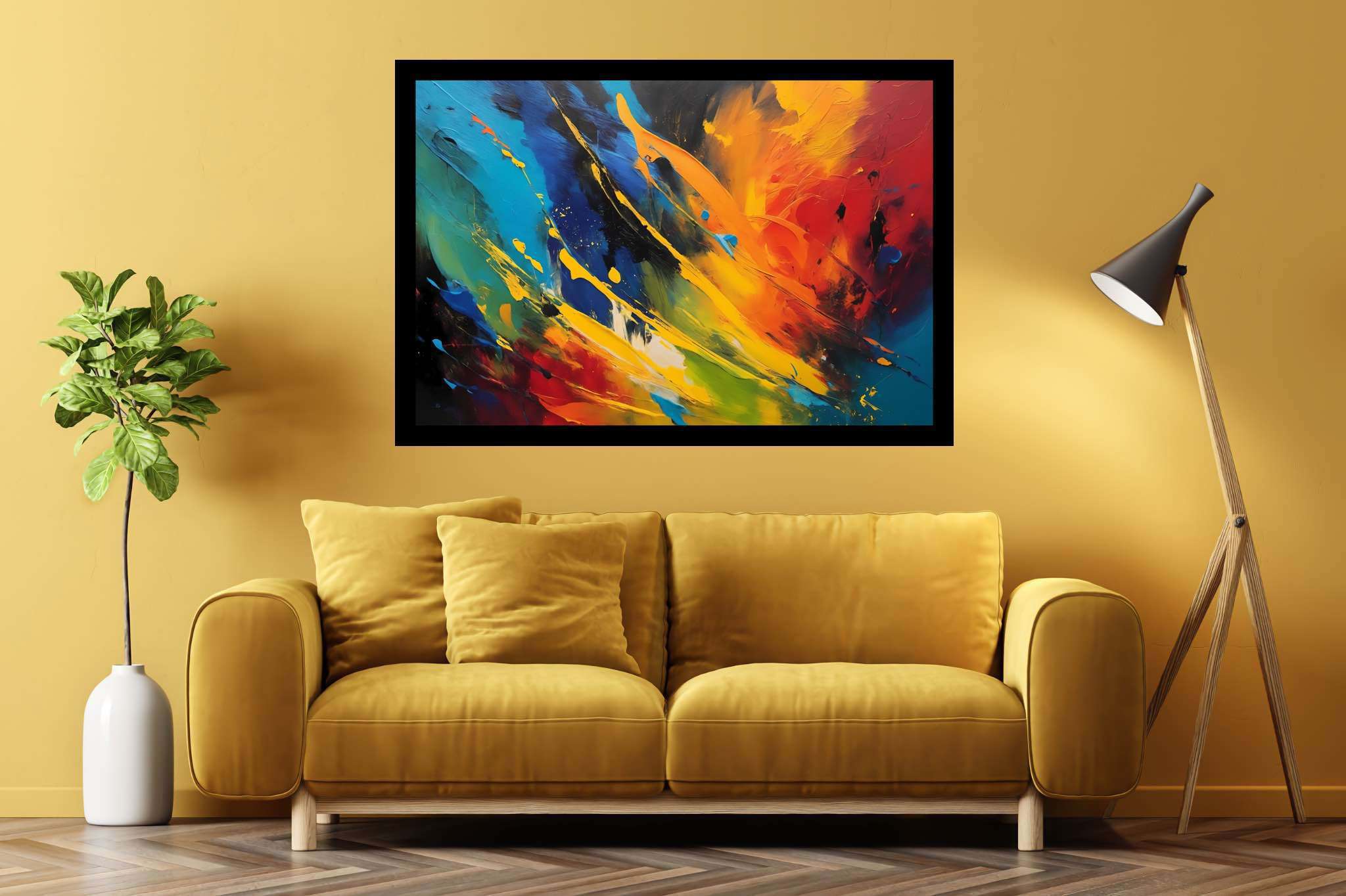 Chromatic rhapsody: Vibrant art with vibrant art styles, in a room with contemporary flair, abstract paintings, and artisan decor. The art can be printed on poster, framed poster, canvas, metal, acrylic or wood, exclusively at WallArtZen. Find this exact print at https://wallartzen.com/waz239