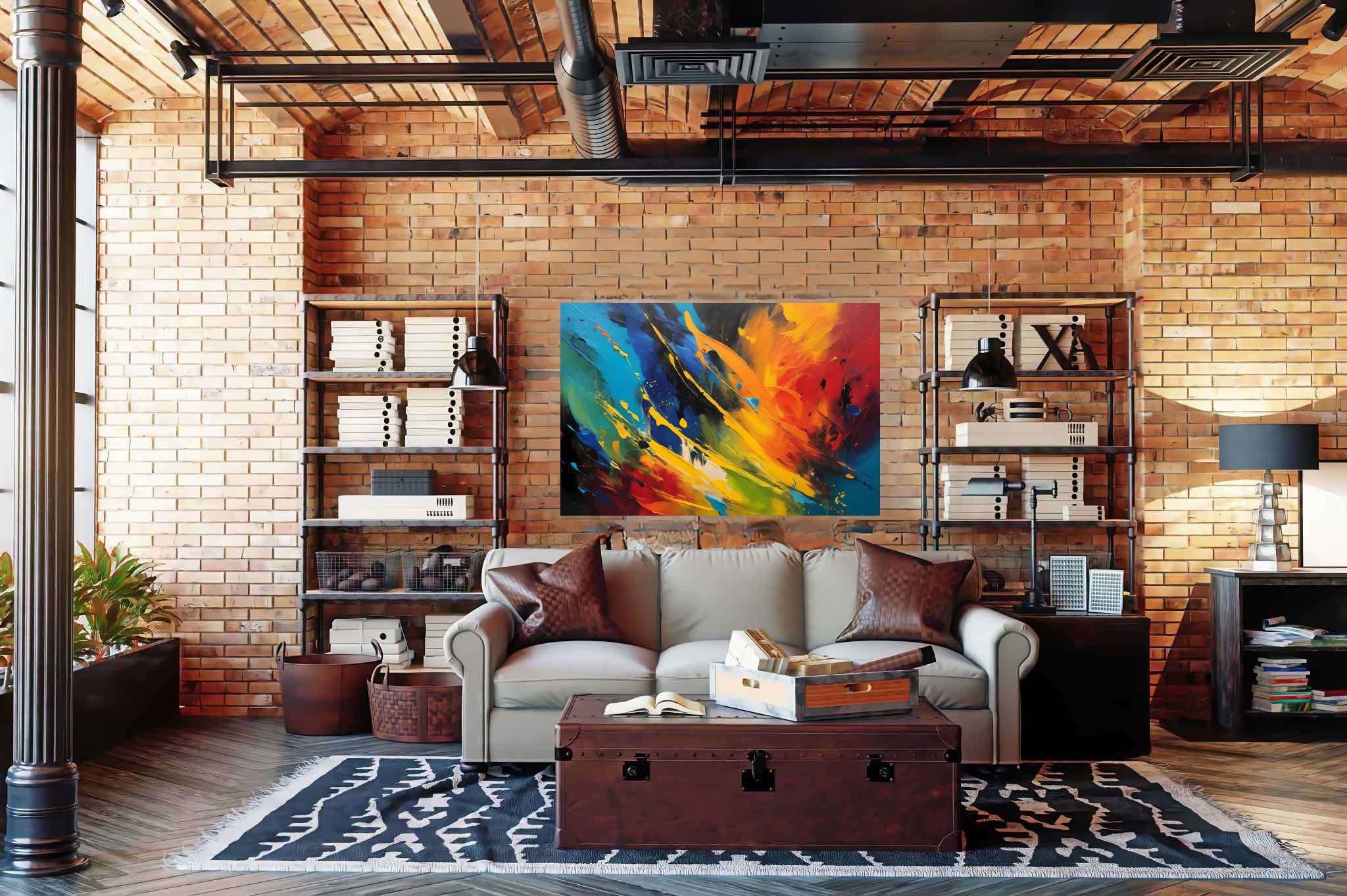 Chromatic rhapsody: Vibrant art with vibrant artistic expressions, in a room with urban design, mural artworks, and home furnishings. The art can be printed on poster, framed poster, canvas, metal, acrylic or wood, exclusively at WallArtZen. Find this exact print at https://wallartzen.com/waz239