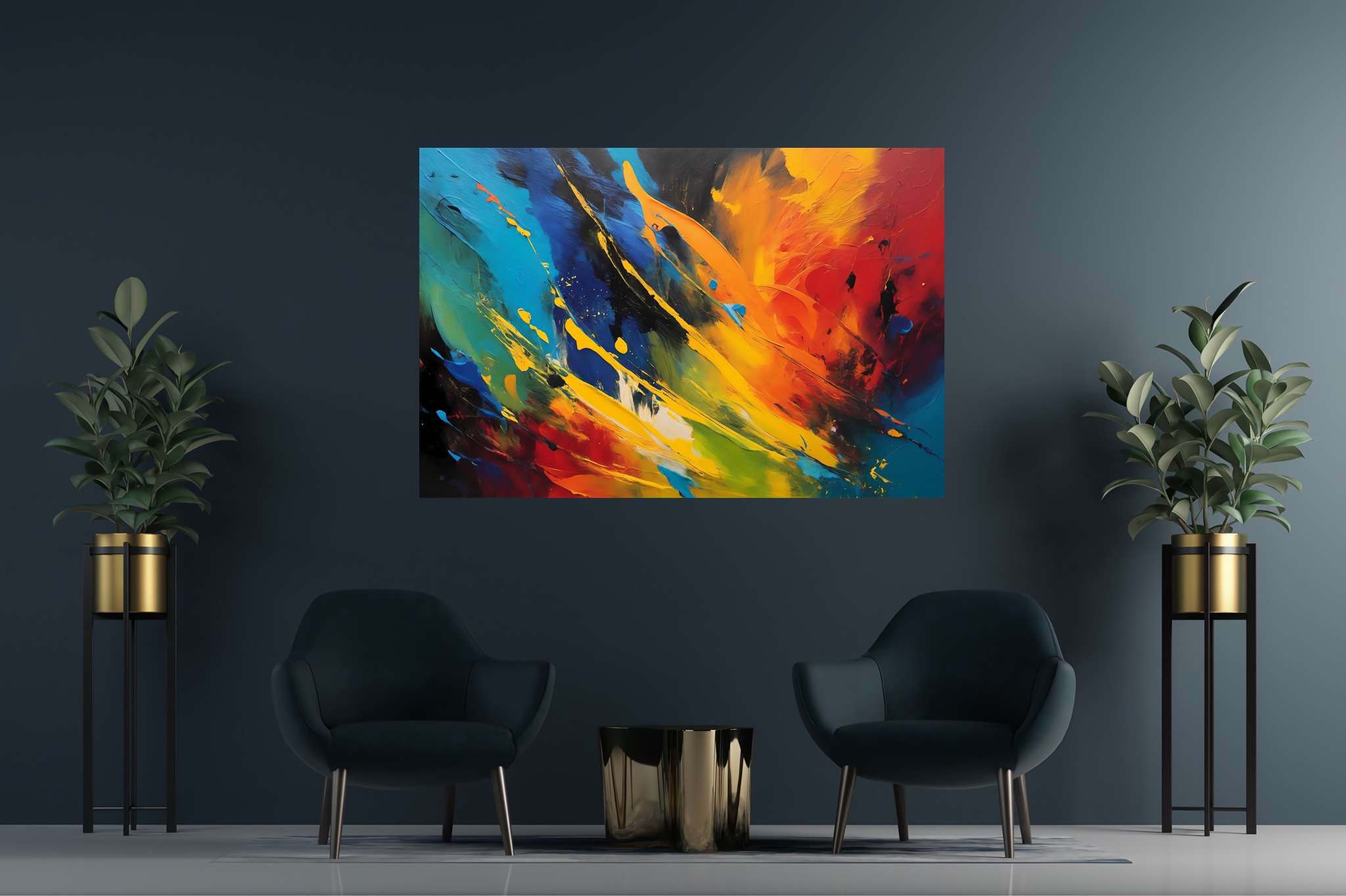 Chromatic rhapsody: Vibrant art with vibrant art, in a room with elegant layout, framed art, and trendy home accents. The art can be printed on poster, framed poster, canvas, metal, acrylic or wood, exclusively at WallArtZen. Find this exact print at https://wallartzen.com/waz239