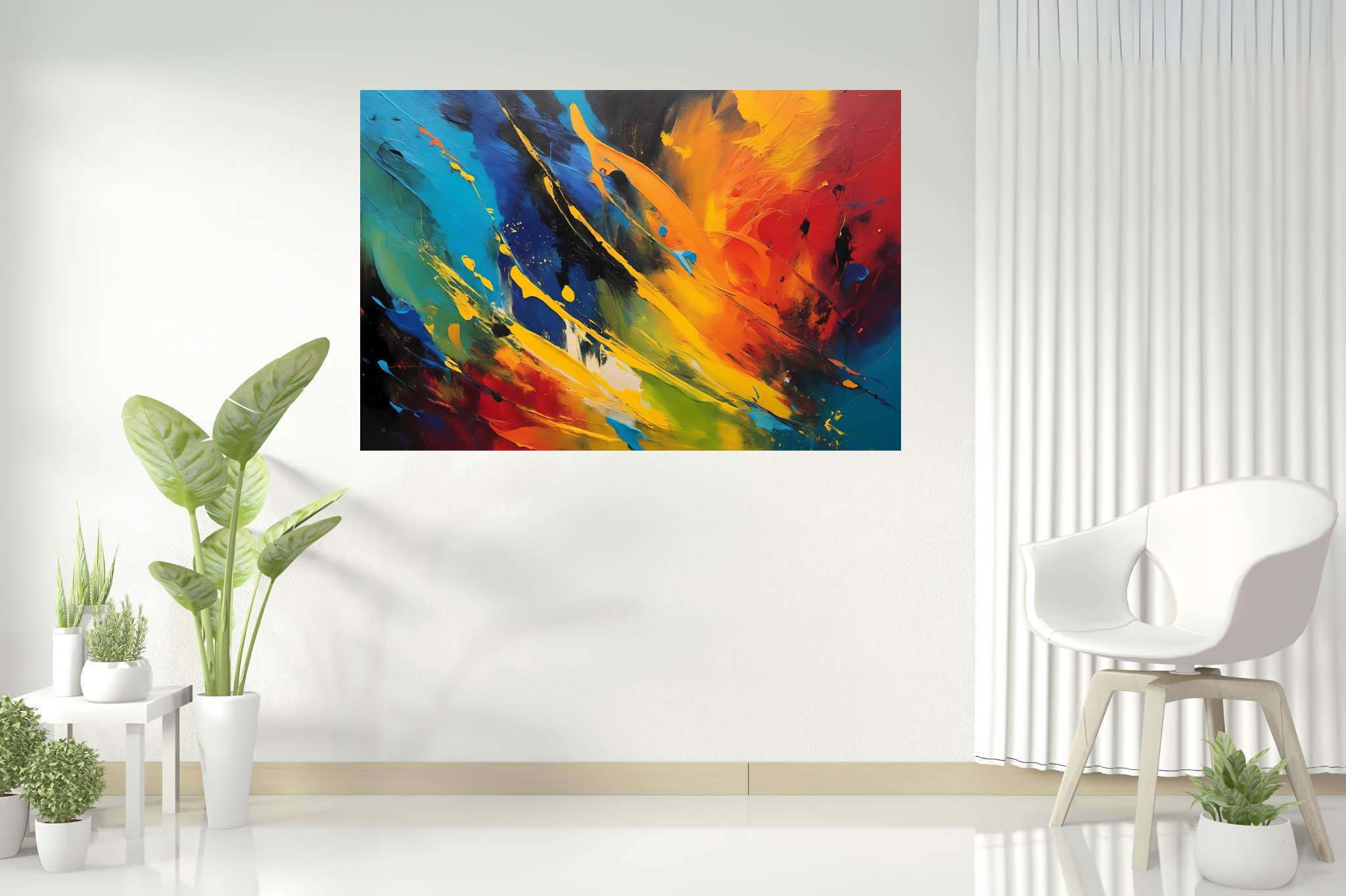 Chromatic rhapsody: Vibrant art with vibrant artistic expressions, in a room with chic decor, photographic wall art, and stylish accessories. The art can be printed on poster, framed poster, canvas, metal, acrylic or wood, exclusively at WallArtZen. Find this exact print at https://wallartzen.com/waz239