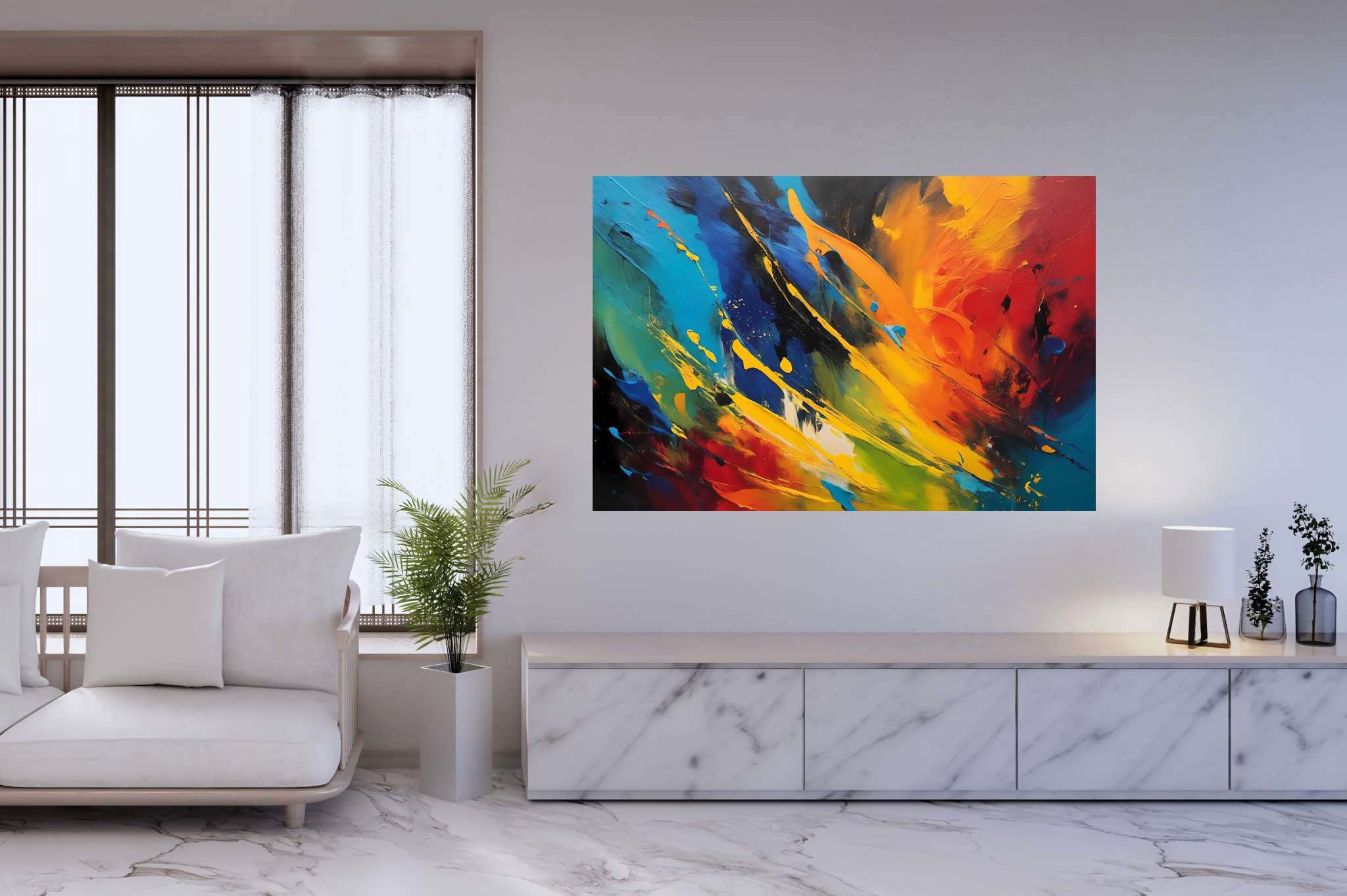 Chromatic rhapsody: Vibrant art with vibrant art techniques, in a room with urban design, abstract paintings, and artisan decor. The art can be printed on poster, framed poster, canvas, metal, acrylic or wood, exclusively at WallArtZen. Find this exact print at https://wallartzen.com/waz239