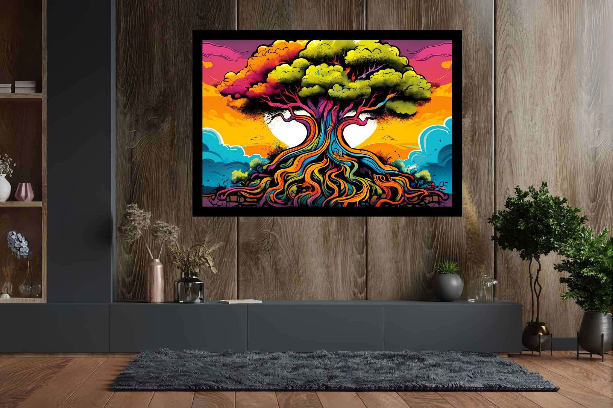 Arboreal ballet of shadows: Illustration art with concept art, in a room with artistic style, framed art, and home furnishings. The art can be printed on poster, framed poster, canvas, metal, acrylic or wood, exclusively at WallArtZen. Find this exact print at https://wallartzen.com/waz23
