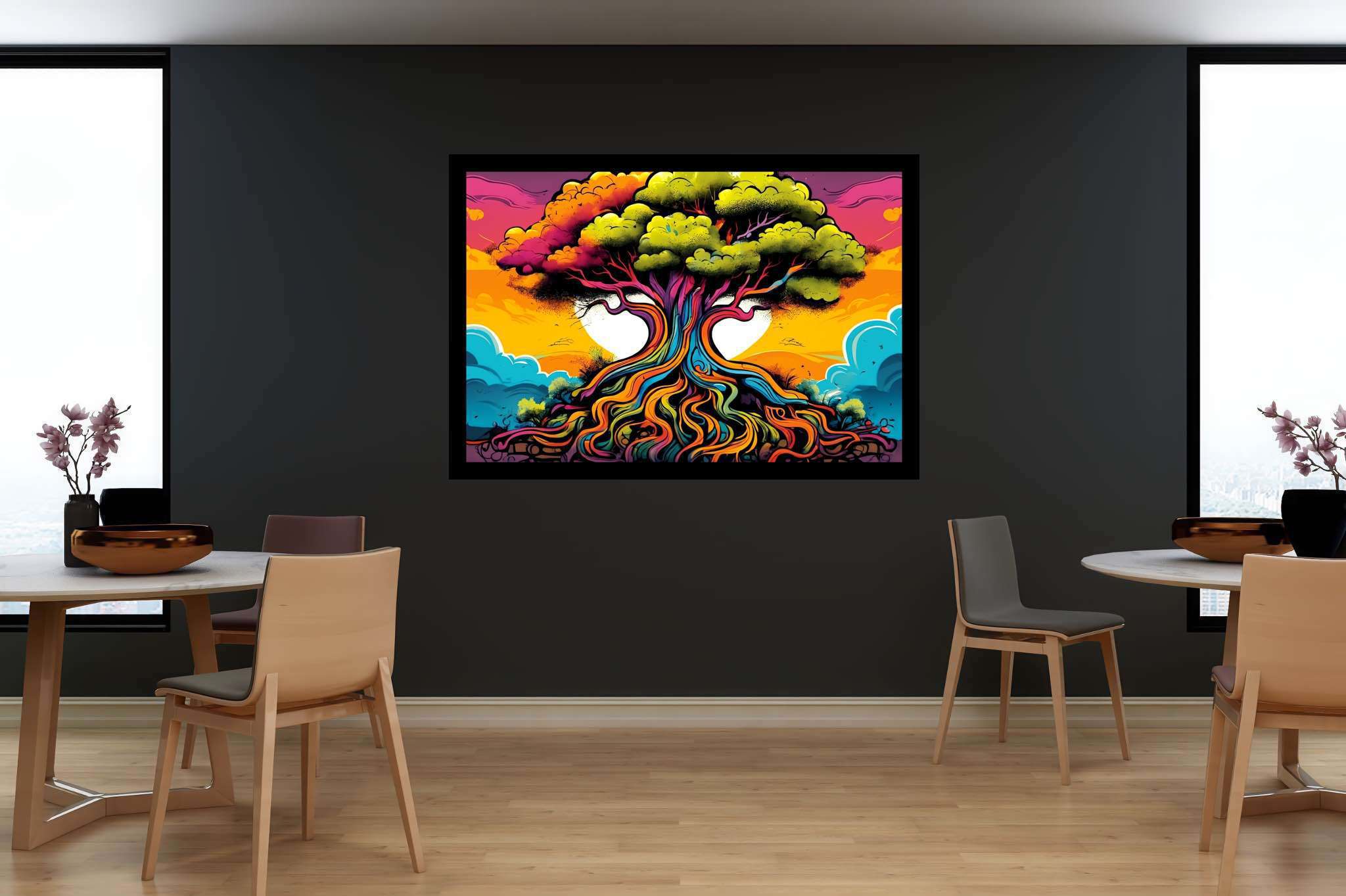 Arboreal ballet of shadows: Illustration art with illustration art, in a room with great design, digital art pieces, and elegant home goods. The art can be printed on poster, framed poster, canvas, metal, acrylic or wood, exclusively at WallArtZen. Find this exact print at https://wallartzen.com/waz23