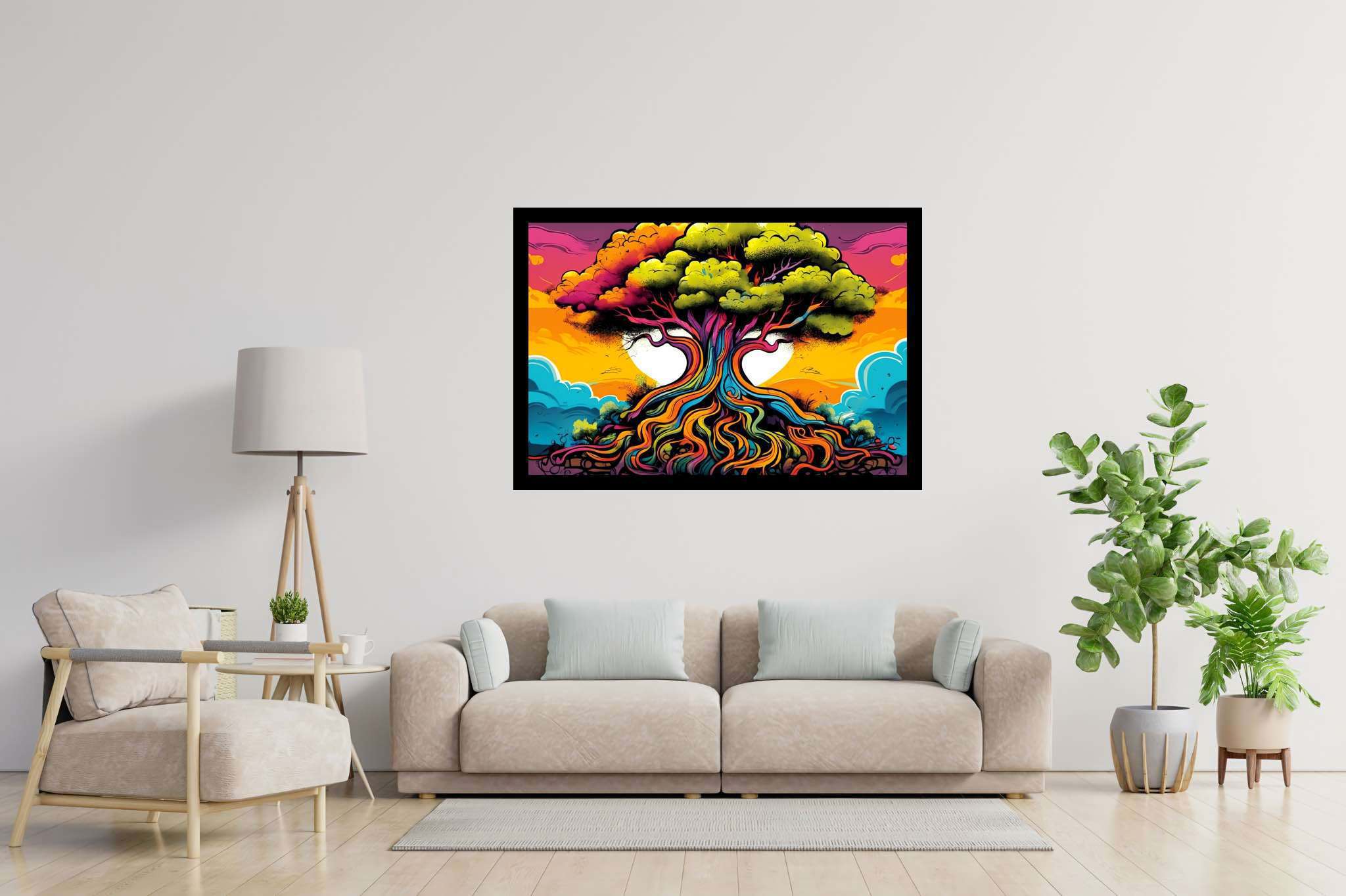 Arboreal ballet of shadows: Illustration art with digital artwork, in a room with minimalist approach, wall art, and decorative pieces. The art can be printed on poster, framed poster, canvas, metal, acrylic or wood, exclusively at WallArtZen. Find this exact print at https://wallartzen.com/waz23