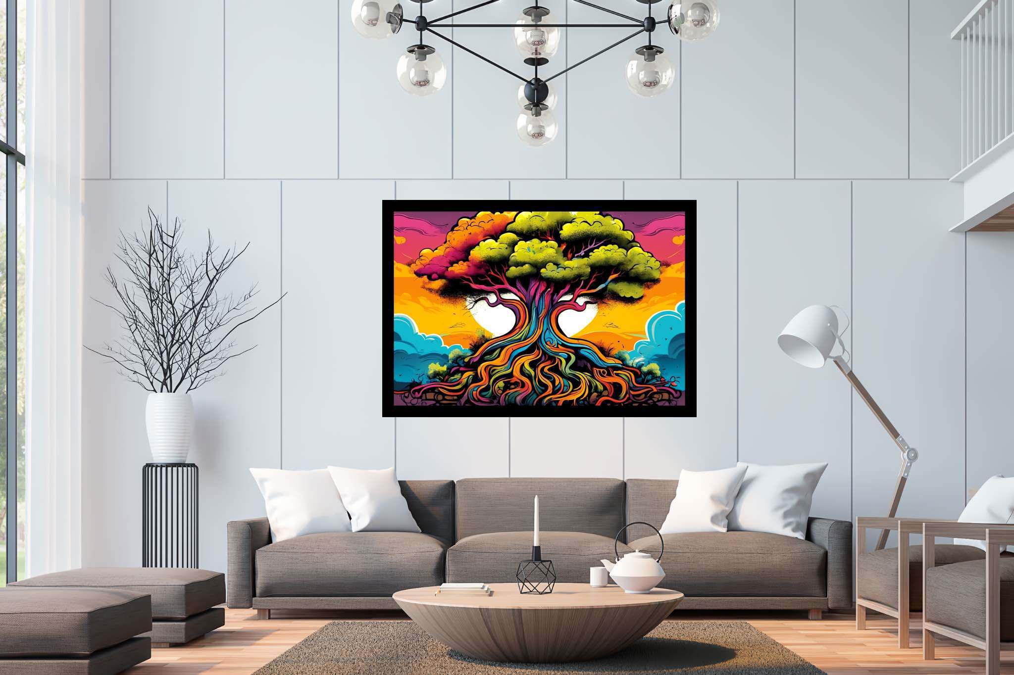 Arboreal ballet of shadows: Illustration art with vector illustration, in a room with urban design, digital art pieces, and decorative pieces. The art can be printed on poster, framed poster, canvas, metal, acrylic or wood, exclusively at WallArtZen. Find this exact print at https://wallartzen.com/waz23