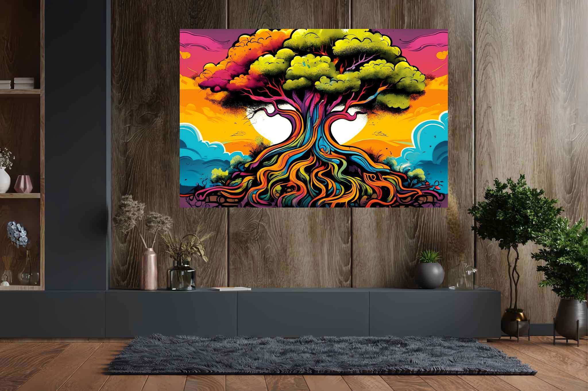 Arboreal ballet of shadows: Illustration art with illustration art, in a room with minimalist approach, photographic wall art, and decorative pieces. The art can be printed on poster, framed poster, canvas, metal, acrylic or wood, exclusively at WallArtZen. Find this exact print at https://wallartzen.com/waz23