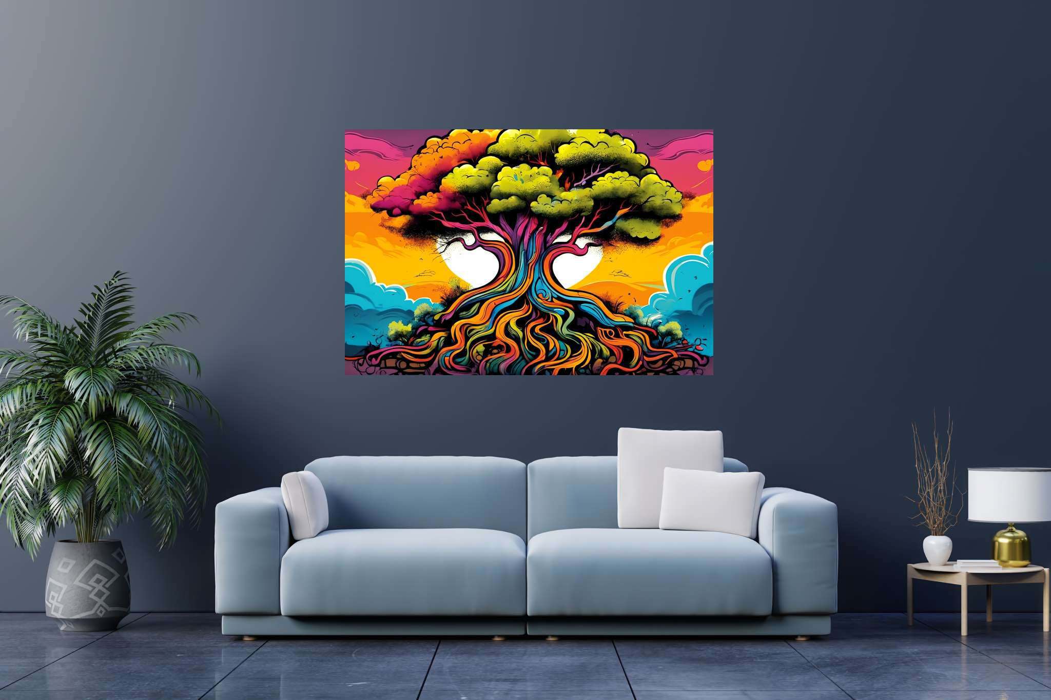 Arboreal ballet of shadows: Illustration art with illustration art, in a room with chic decor, framed art, and interior decorations. The art can be printed on poster, framed poster, canvas, metal, acrylic or wood, exclusively at WallArtZen. Find this exact print at https://wallartzen.com/waz23